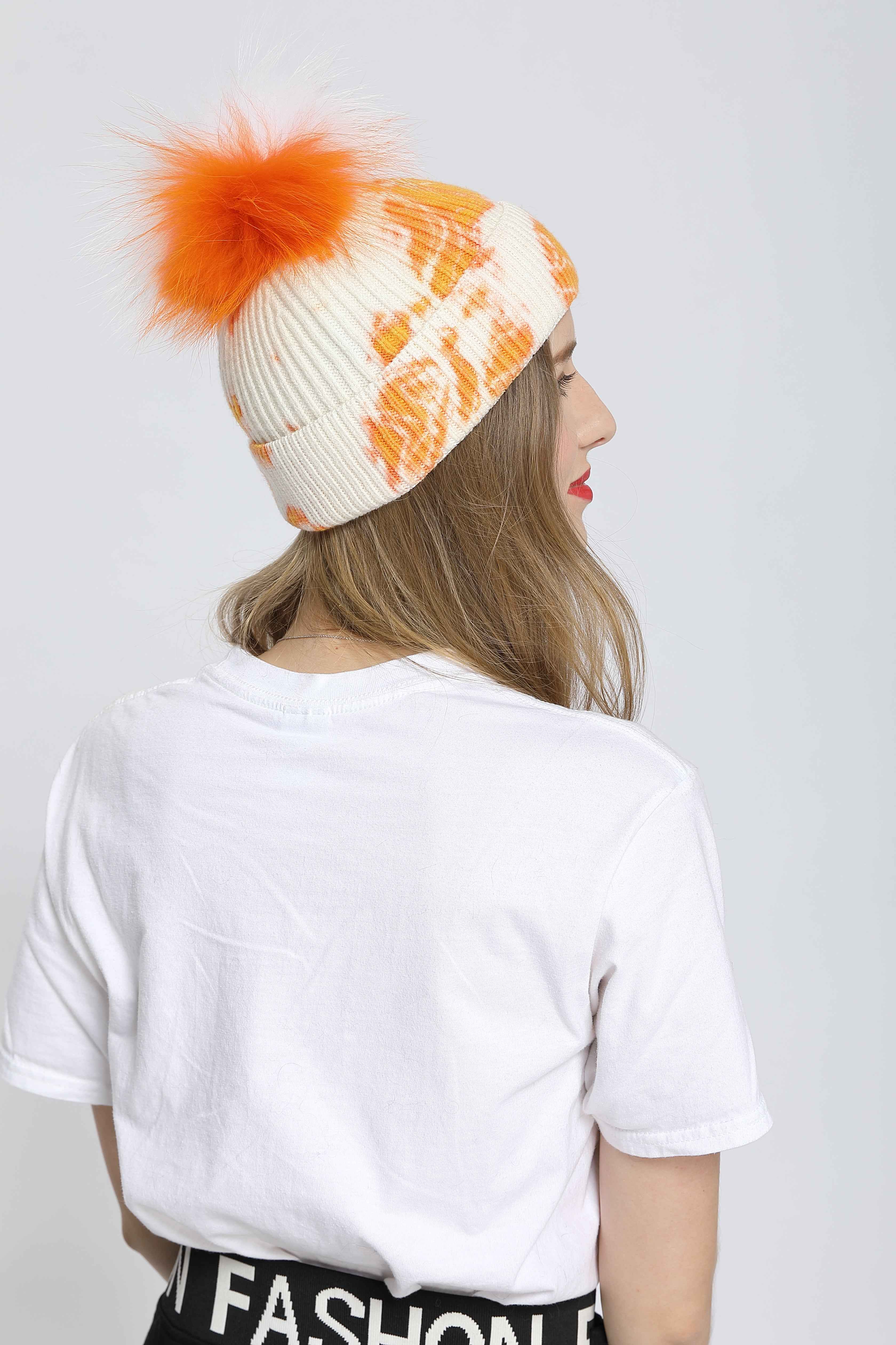 New Fashion Trend Ladies Pickled Striped Angora Beanie Hat With Same Color Real Raccoon Fur Pom Pom