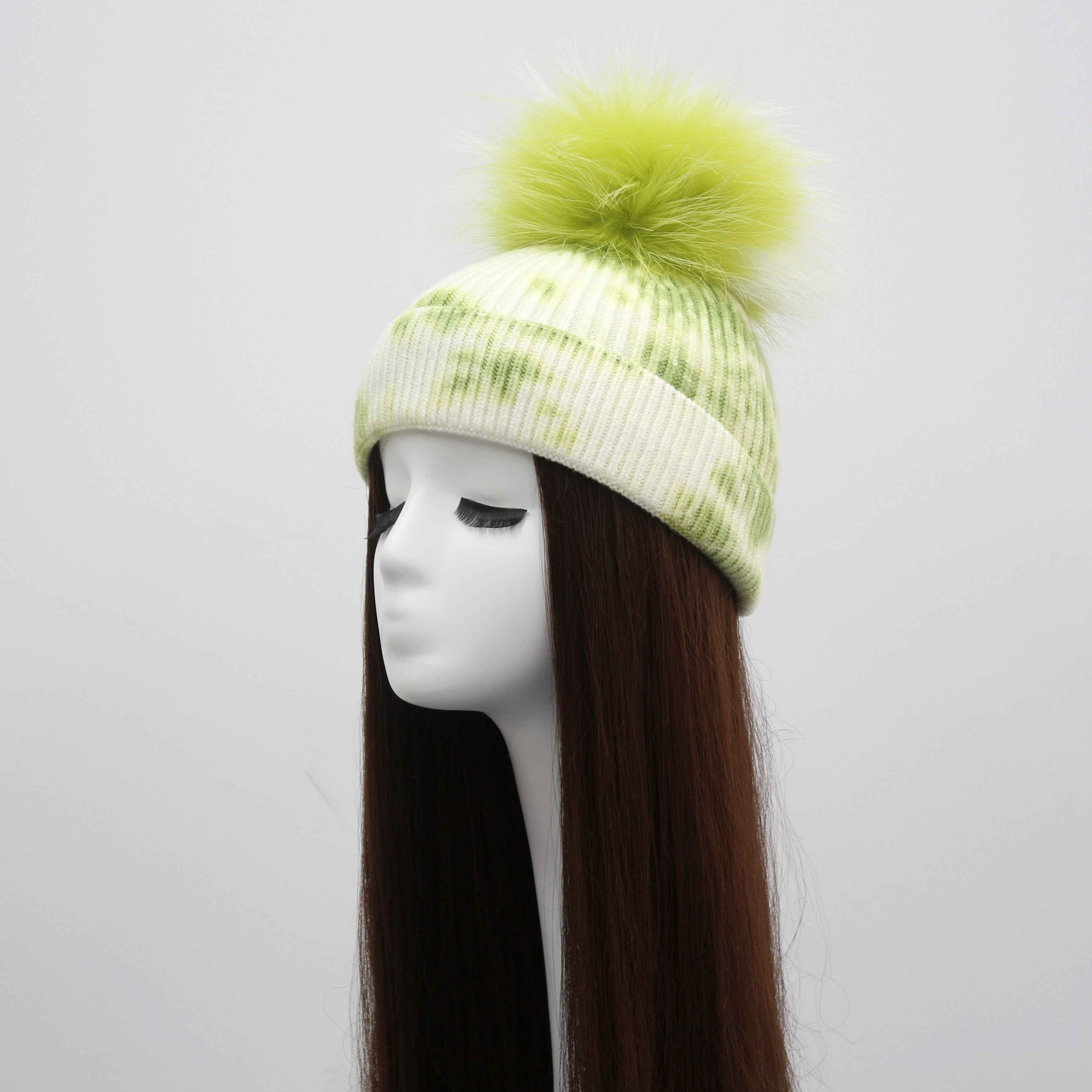 New Fashion Trend Ladies Pickled Striped Angora Beanie Hat With Same Color Real Raccoon Fur Pom Pom #3 Green Adult