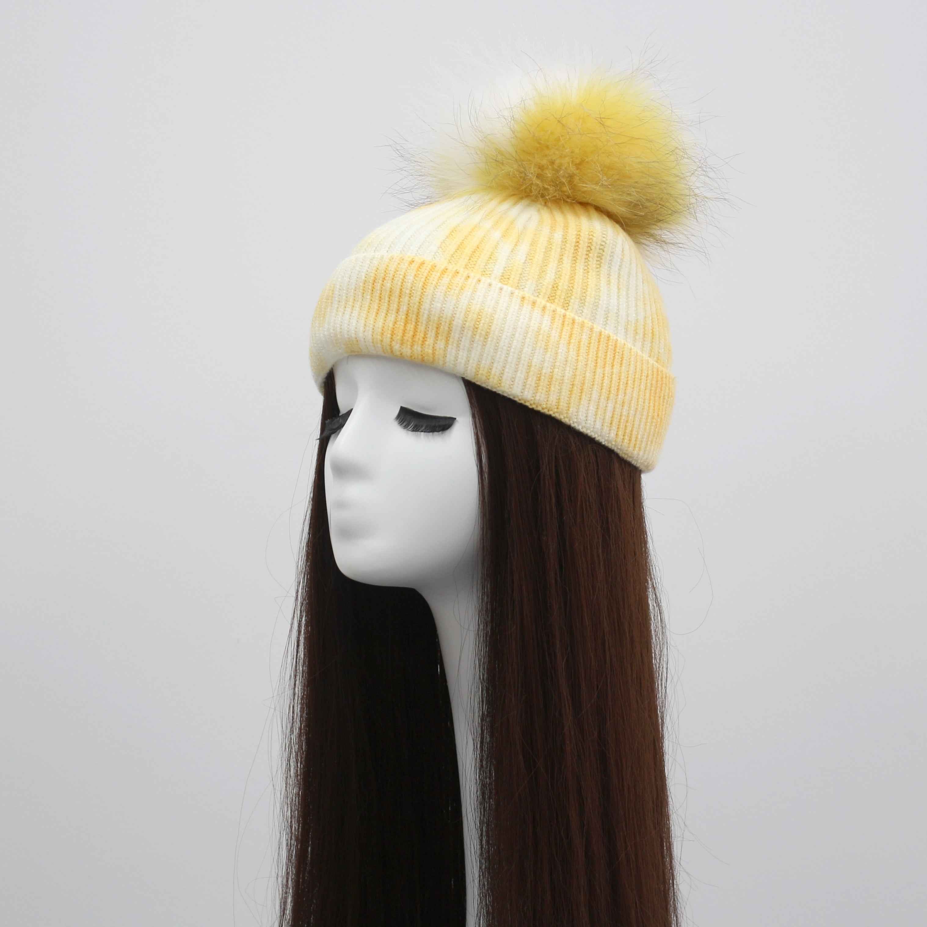 New Fashion Trend Ladies Pickled Striped Angora Beanie Hat With Same Color Real Raccoon Fur Pom Pom #4 Yellow Adult