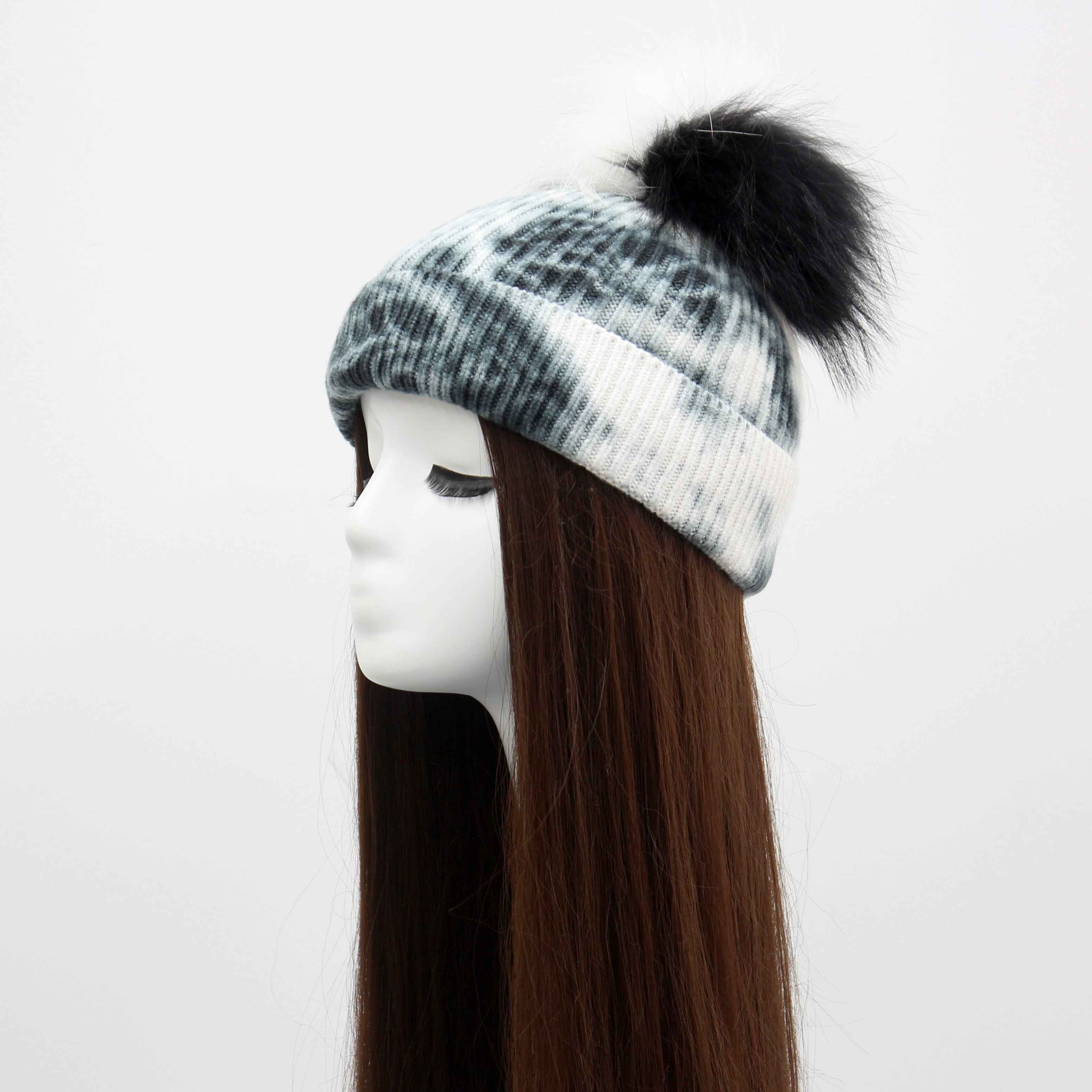 New Fashion Trend Ladies Pickled Striped Angora Beanie Hat With Same Color Real Raccoon Fur Pom Pom #5 Black Adult