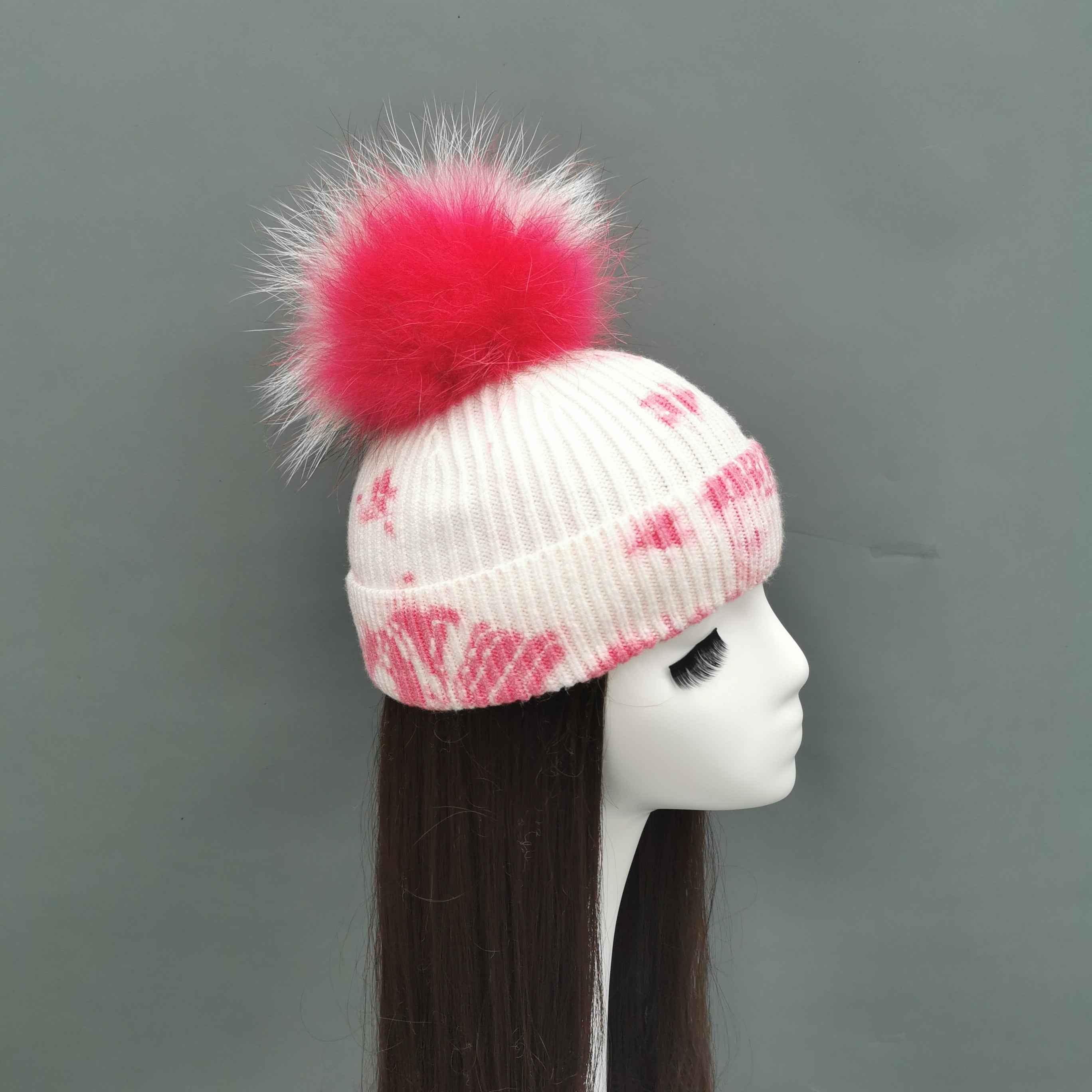 New Fashion Trend Ladies Pickled Striped Angora Beanie Hat With Same Color Real Raccoon Fur Pom Pom #6 Hot Pink Adult