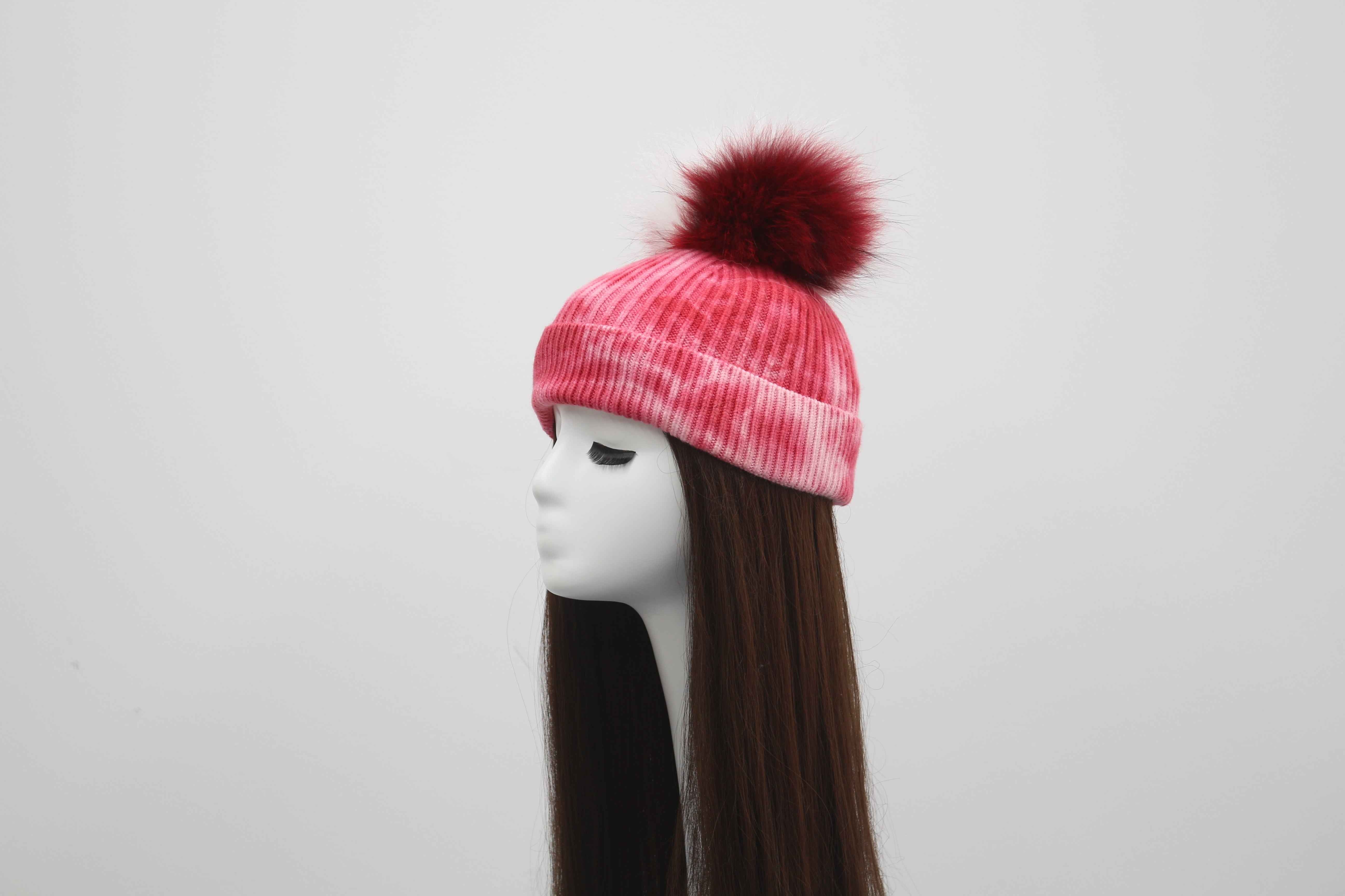 New Fashion Trend Ladies Pickled Striped Angora Beanie Hat With Same Color Real Raccoon Fur Pom Pom #7 Dark Pink Adult