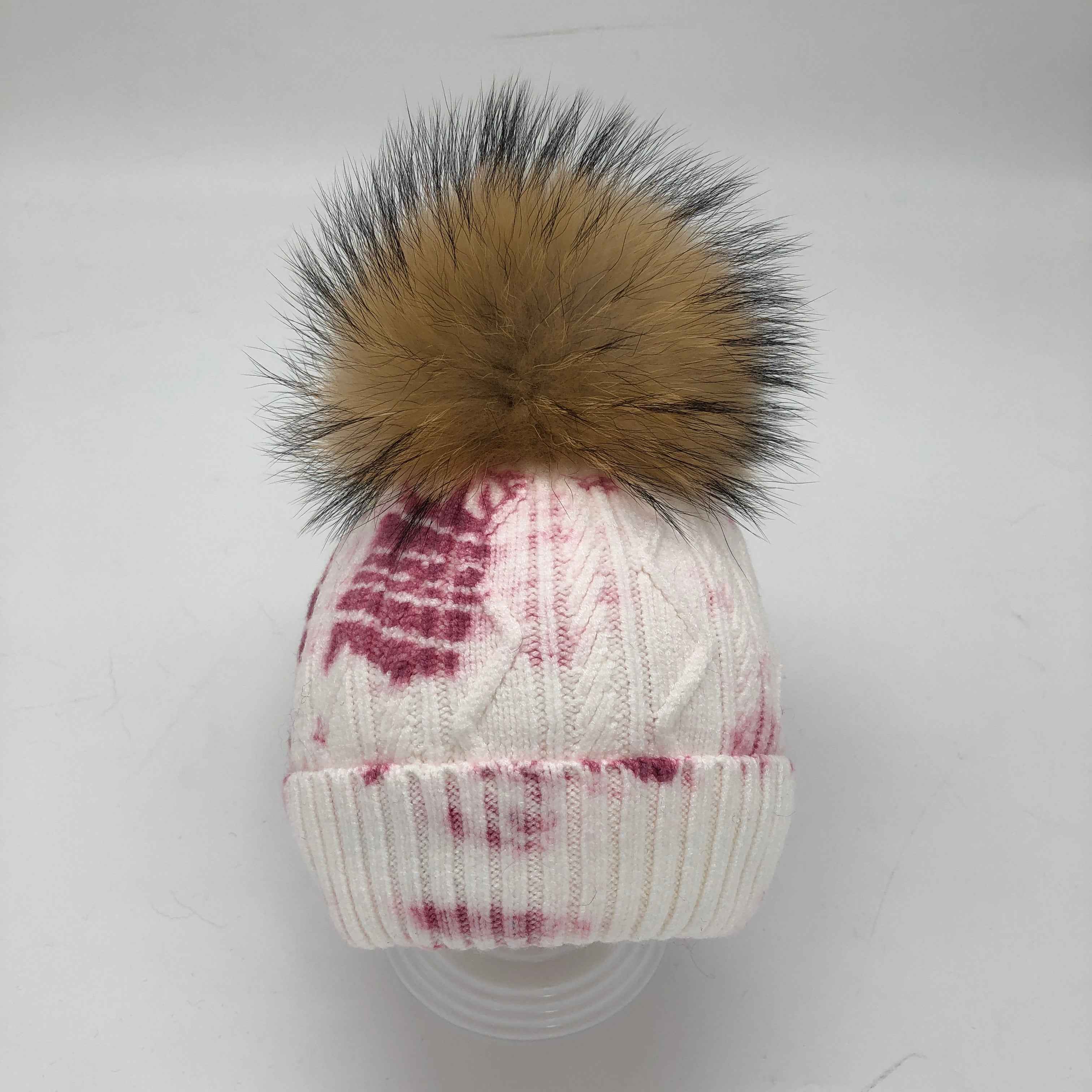 Little Babies‘ Cute Tie Dye Wave Striped Angora Knitted Hat Paired With Real Raccoon Fur Pom Pom #1 Purple Baby