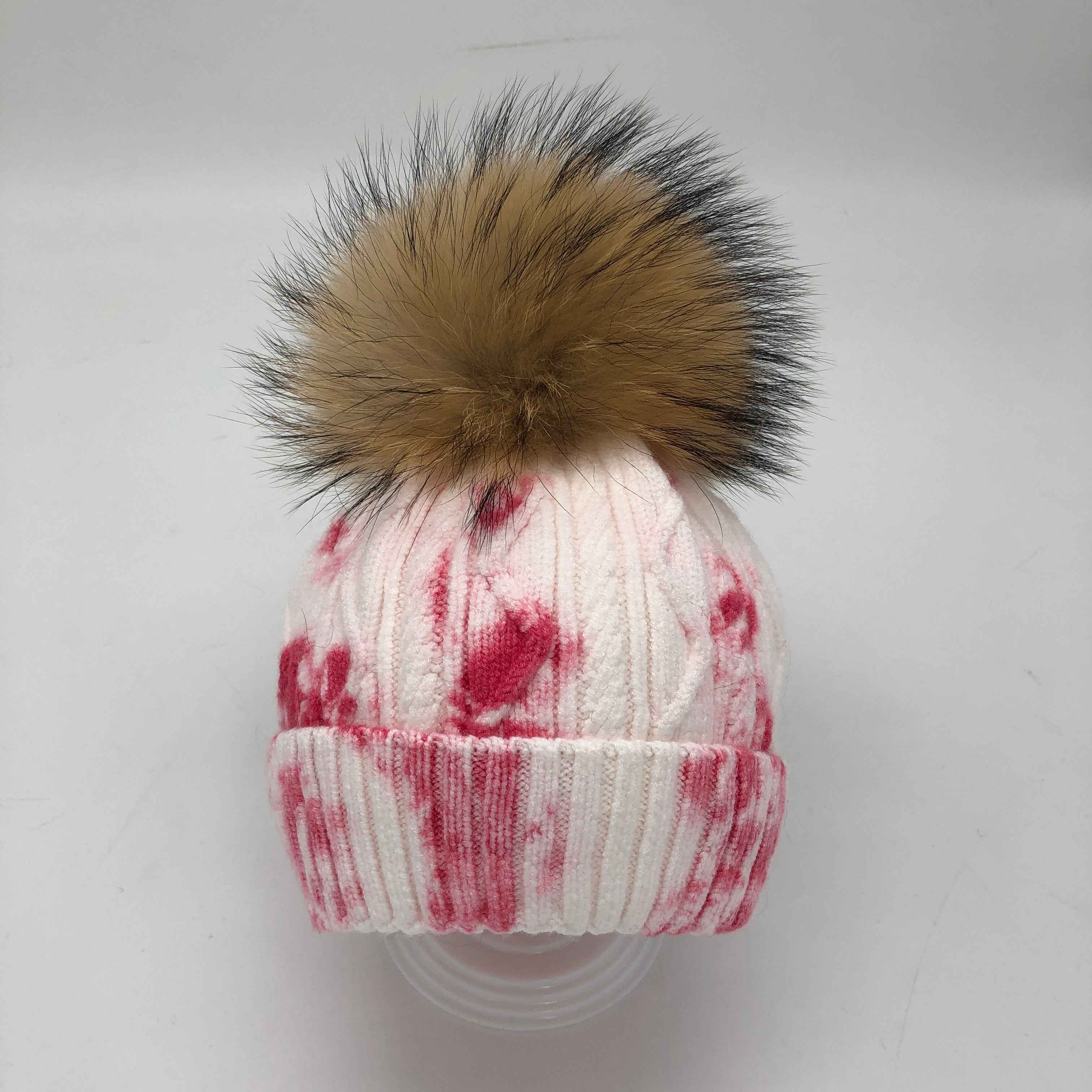 Little Babies‘ Cute Tie Dye Wave Striped Angora Knitted Hat Paired With Real Raccoon Fur Pom Pom #2 Plum Baby