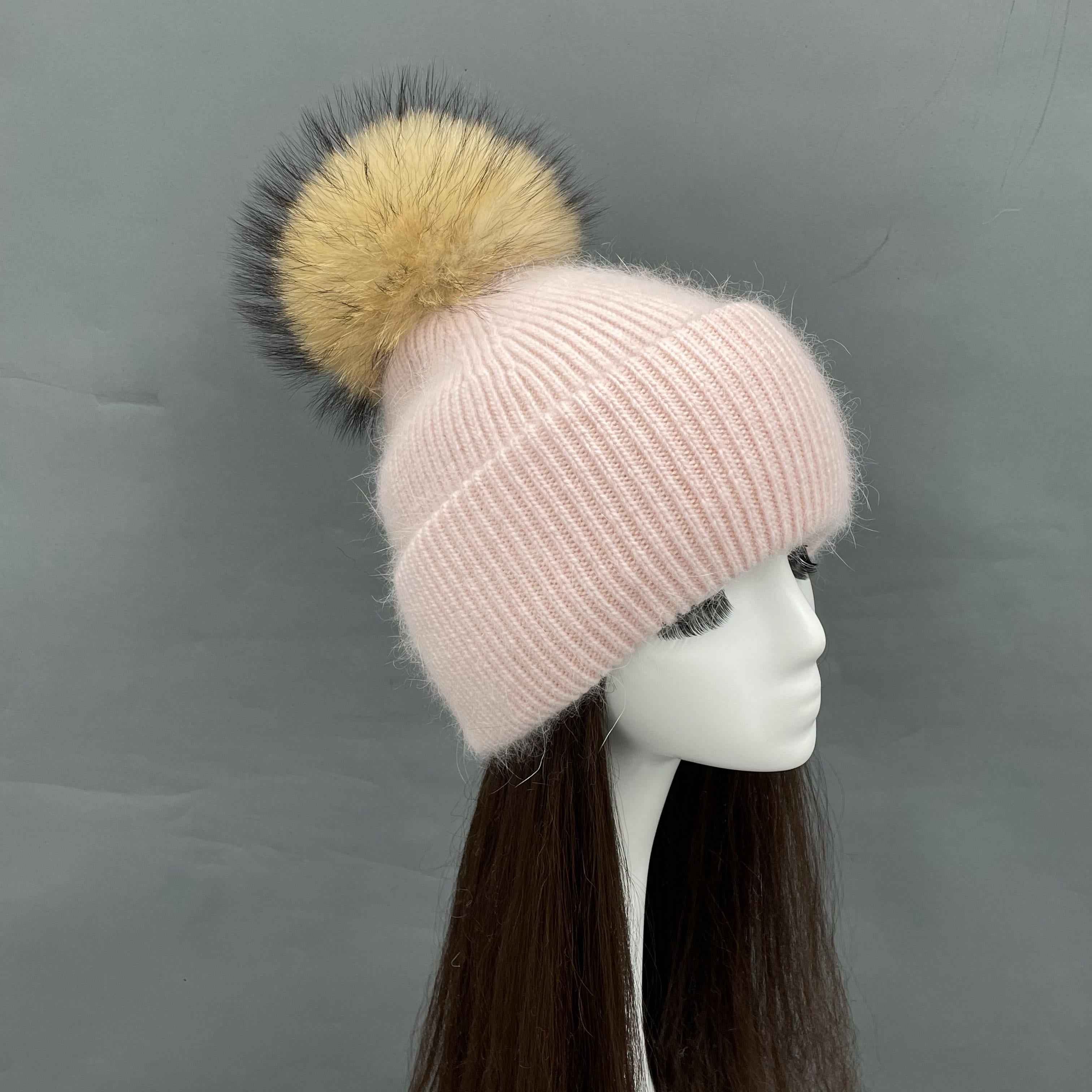 Janefur Compact & Exquisite Women's Two Fold Angora Knitted Hat #1 Light Pink Adult