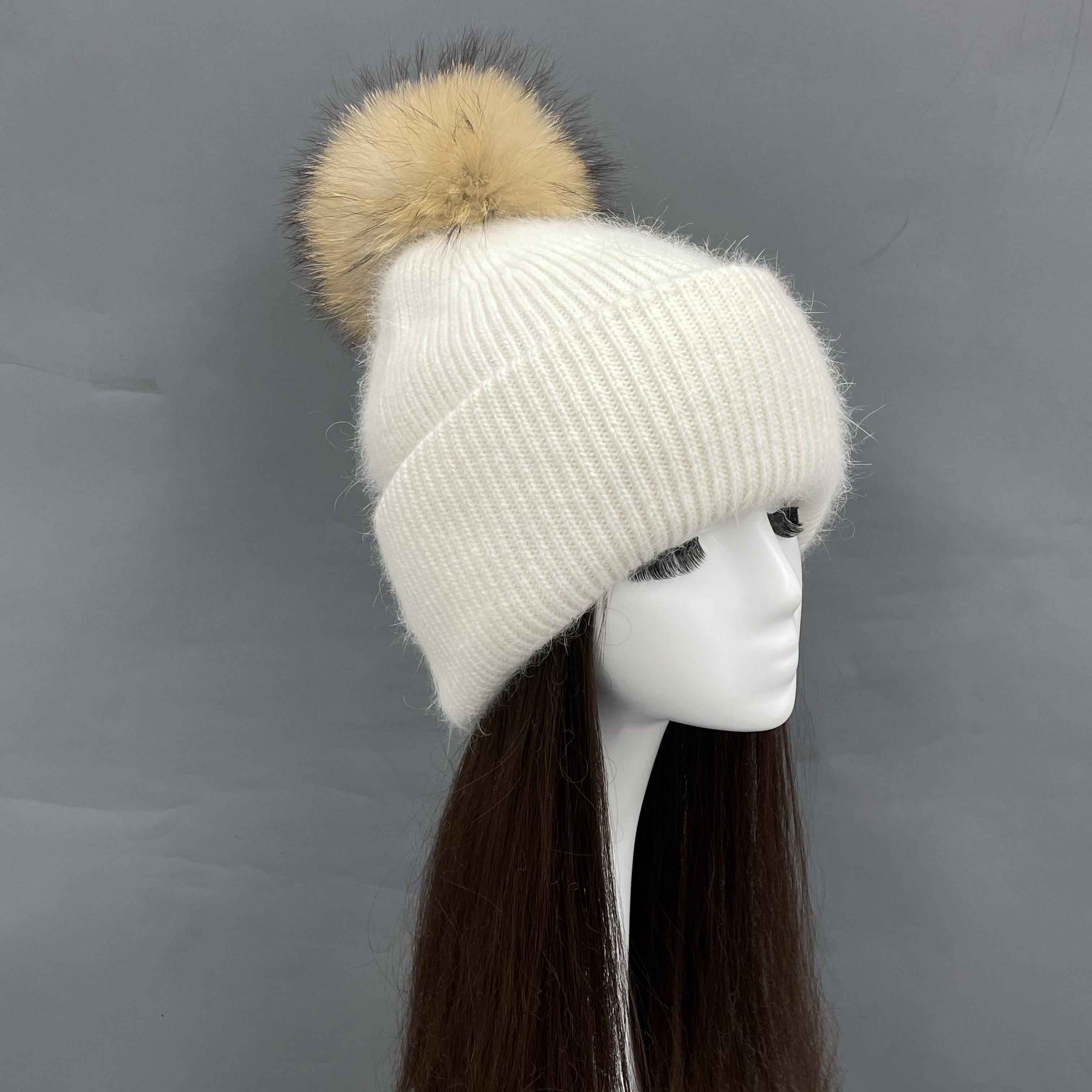 Janefur Compact & Exquisite Women's Two Fold Angora Knitted Hat #2 White Adult