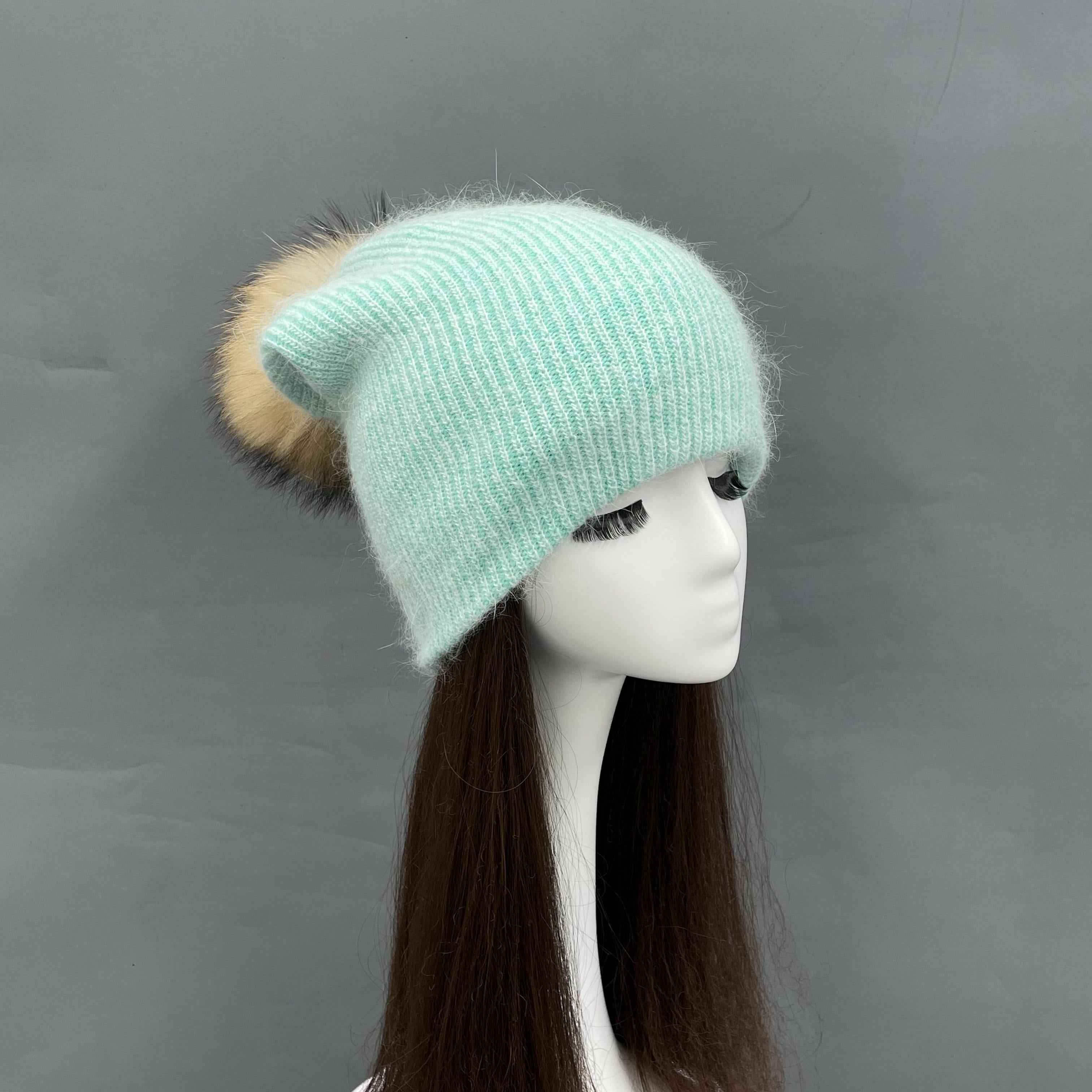 Lovely Macaron Colored Women's Double-Layer Angora Beanie Hat With Real Raccoon Fur Pom Pom #1 Light Mint Green Adult