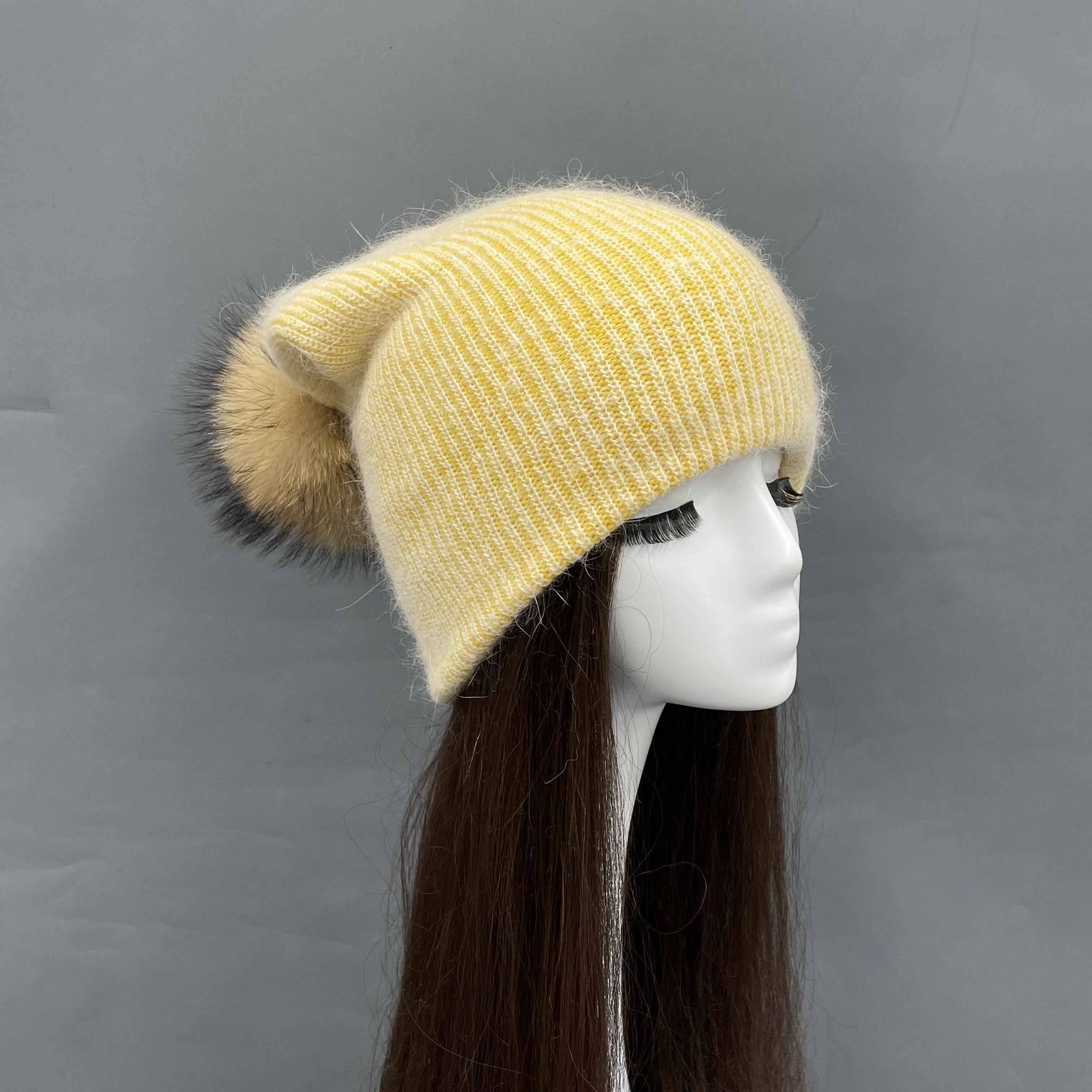 Lovely Macaron Colored Women's Double-Layer Angora Beanie Hat With Real Raccoon Fur Pom Pom #2 Yellow Adult