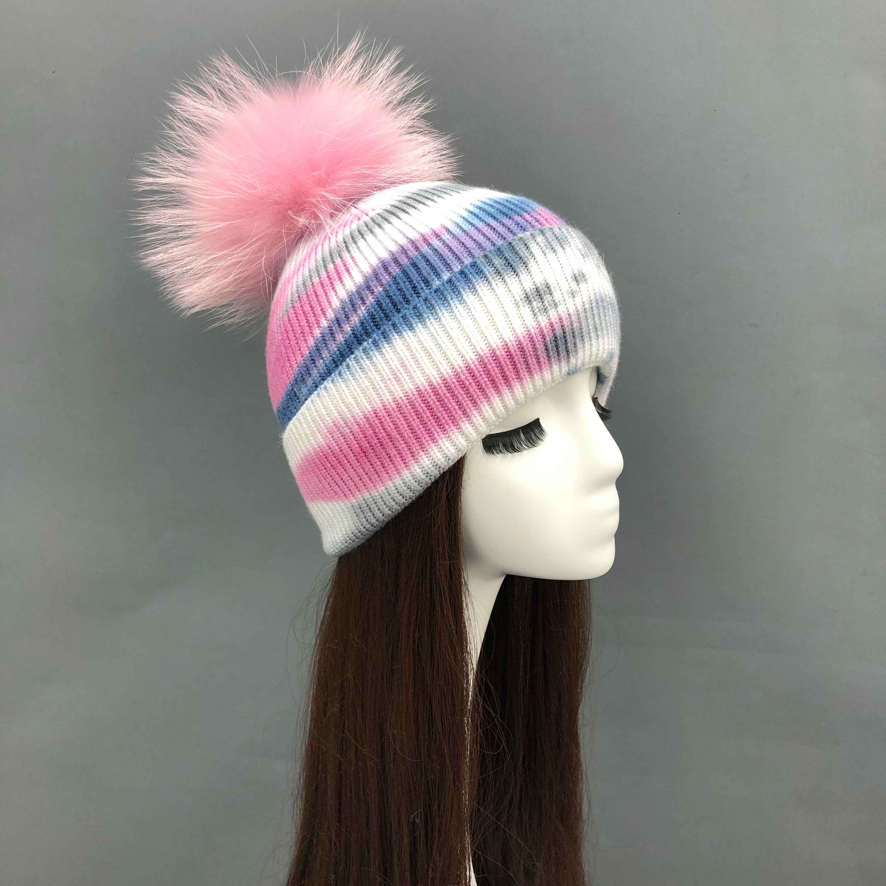 Janefur Cool Fashionable Ladies Gradient Colorful Angora Beanie Hat With Cute Real Fur Pom Pom #1 Gradient Pink Adult