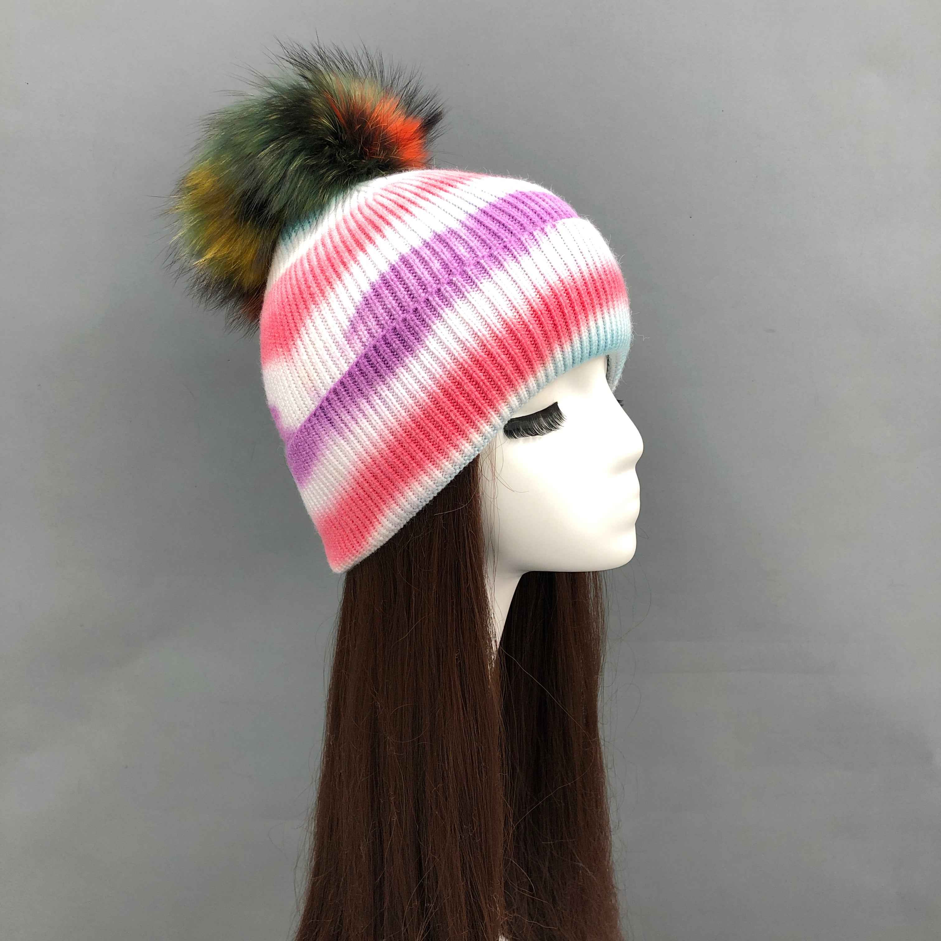 Janefur Cool Fashionable Ladies Gradient Colorful Angora Beanie Hat With Cute Real Fur Pom Pom #2 Gradient Purple Adult
