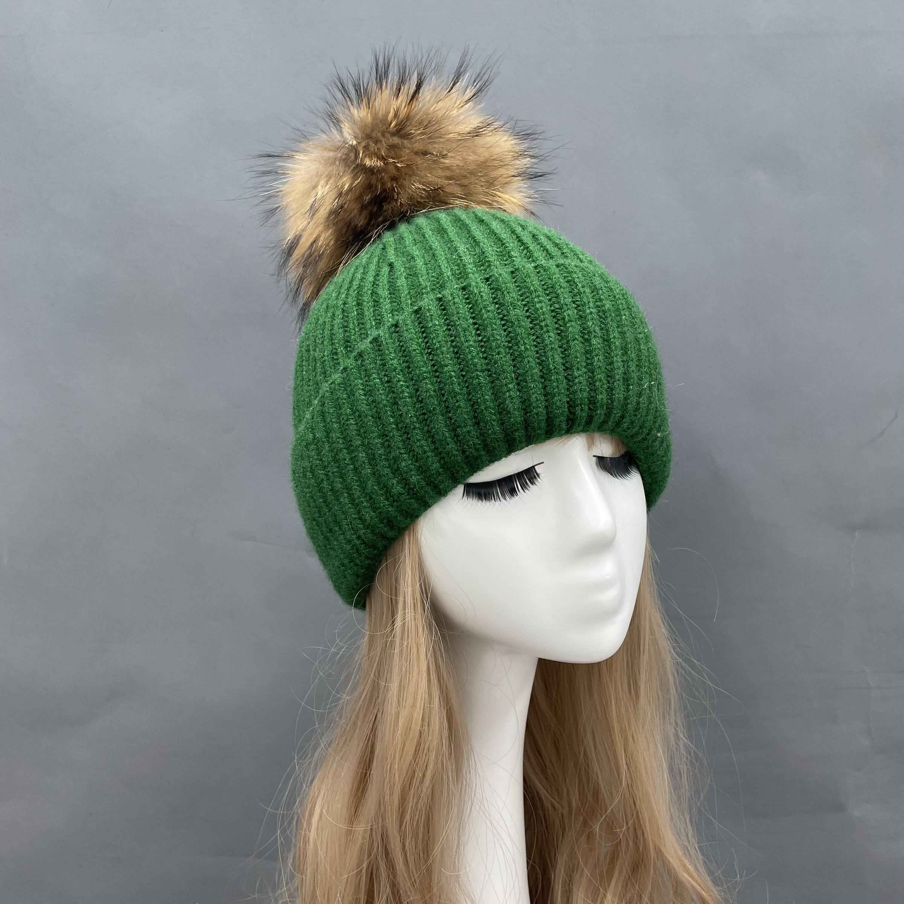 Winter Fashion Classic Fine Striped Women's Knitted Hat With Real Raccoon Fur Pom Pom #1 Dark Green Adult