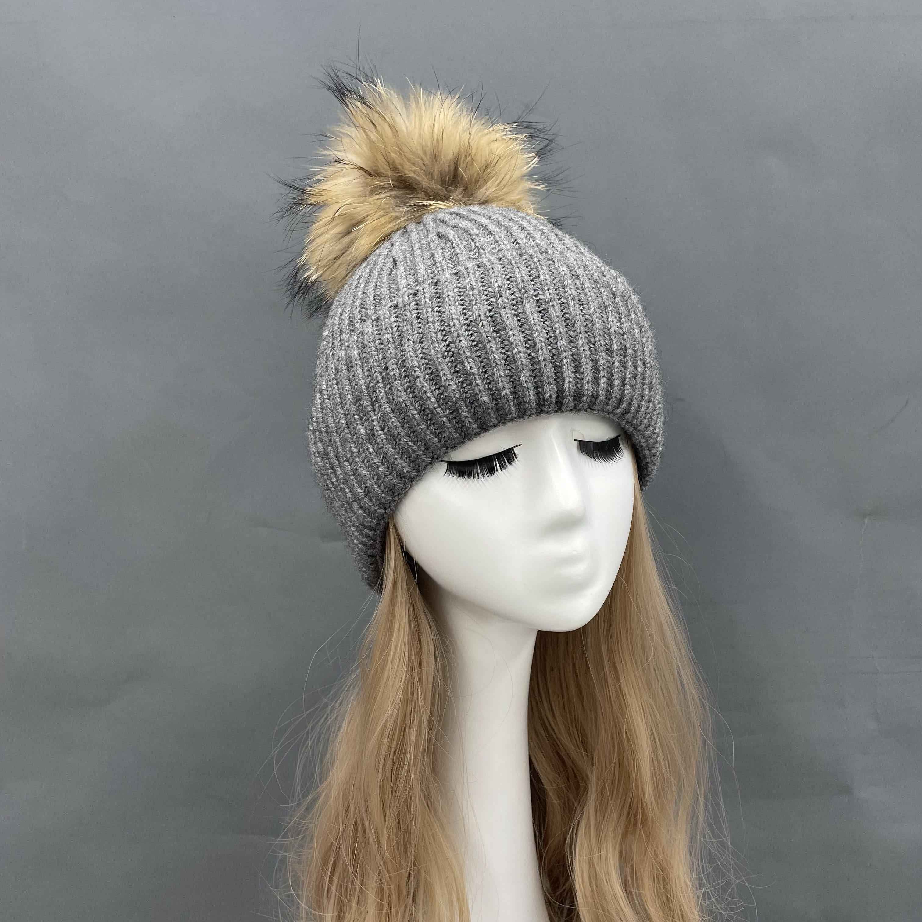 Winter Fashion Classic Fine Striped Women's Knitted Hat With Real Raccoon Fur Pom Pom #2 Gray Adult