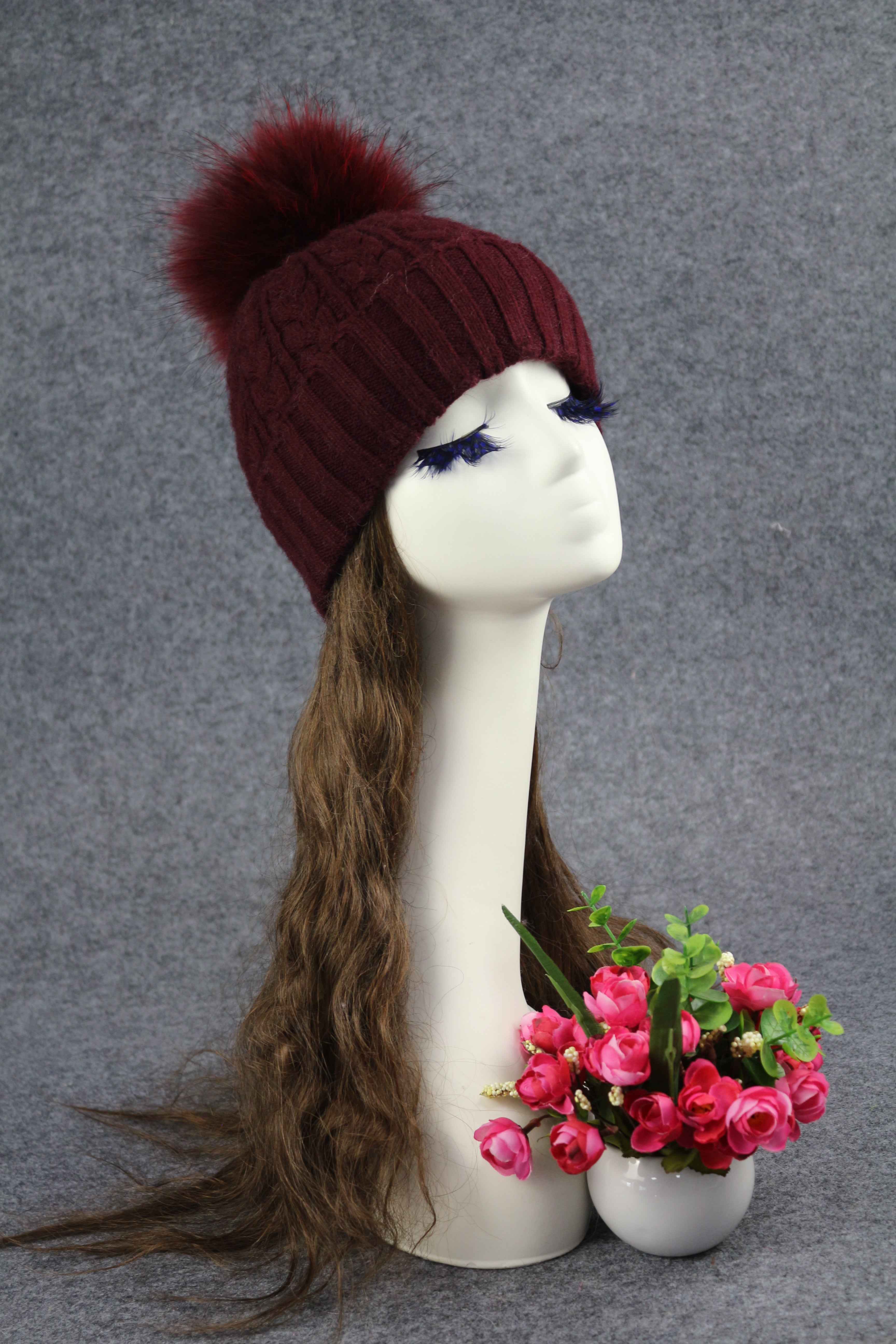 Janefur Retro Classic Ladies Real Raccoon Fur Pom Pom Big Fried Dough Twists Pattern Angora Knitted Hat #2 Wine Adult
