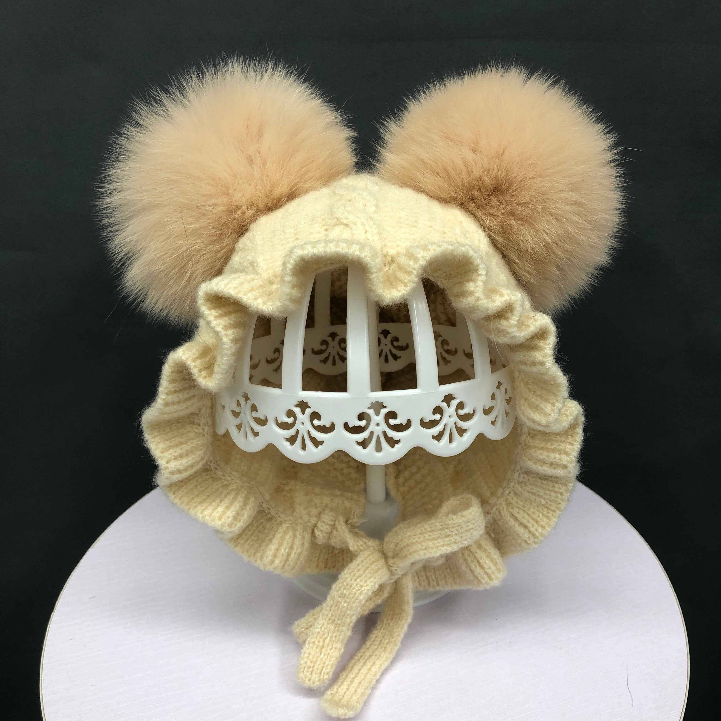 High Quality Two Fur Pom Poms Little Babies' Cotton Hat With Decorative Border #1 Light Yellow Baby