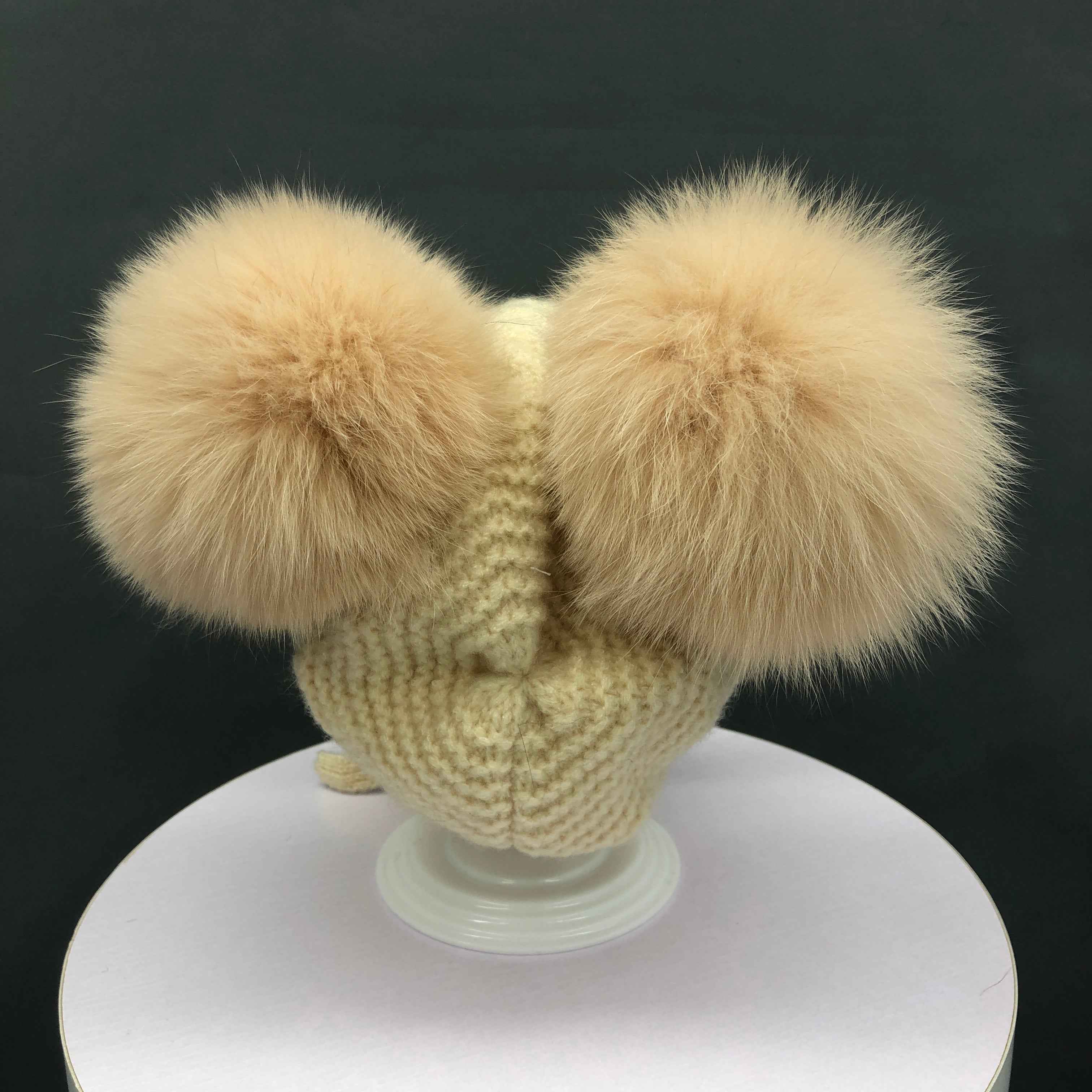 High Quality Two Fur Pom Poms Little Babies' Cotton Hat With Decorative Border