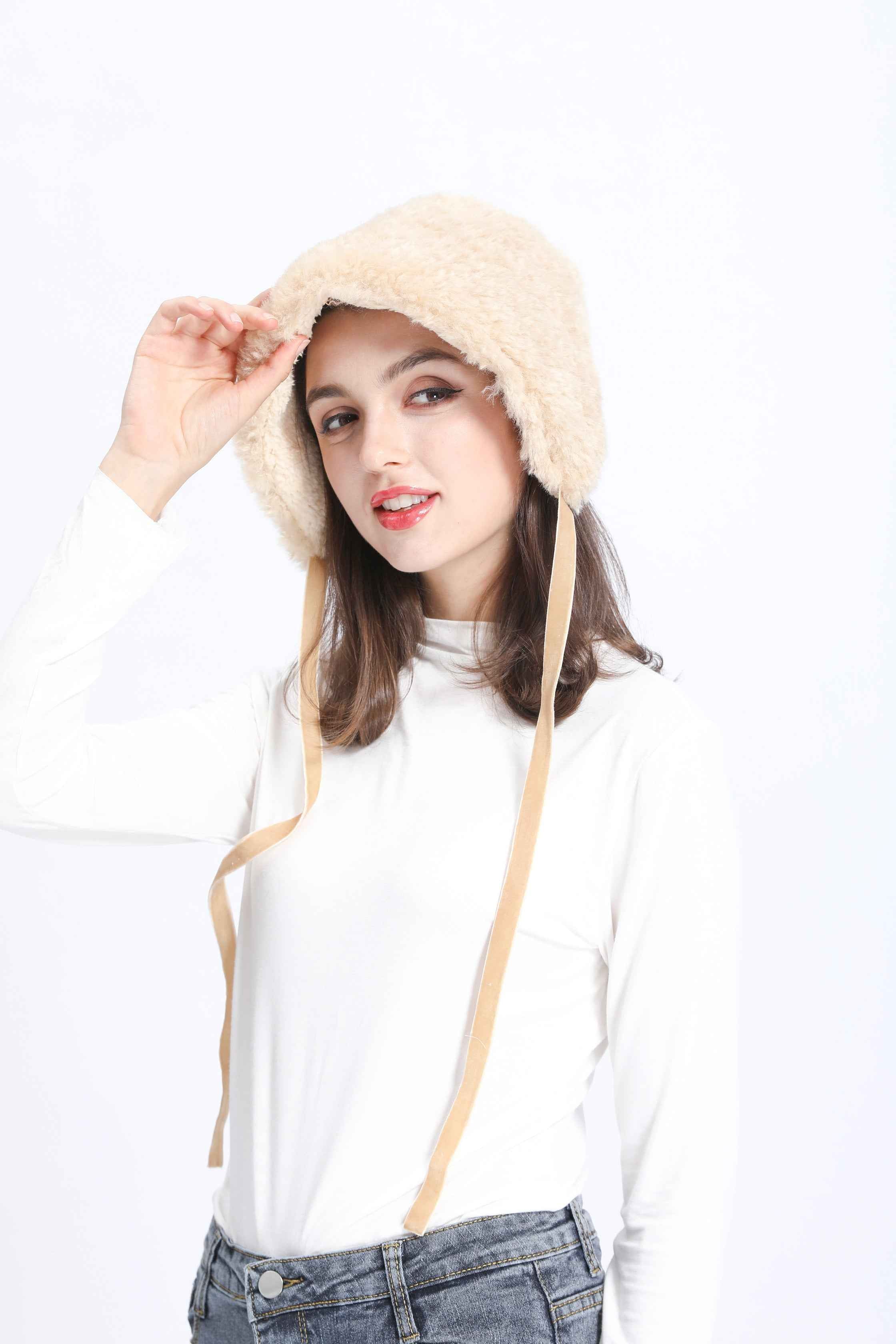 Hot Selling Janefur Women's Ear Protection Lace Up Eco-Friendly Faux Fur Hat #1 Beige Adult