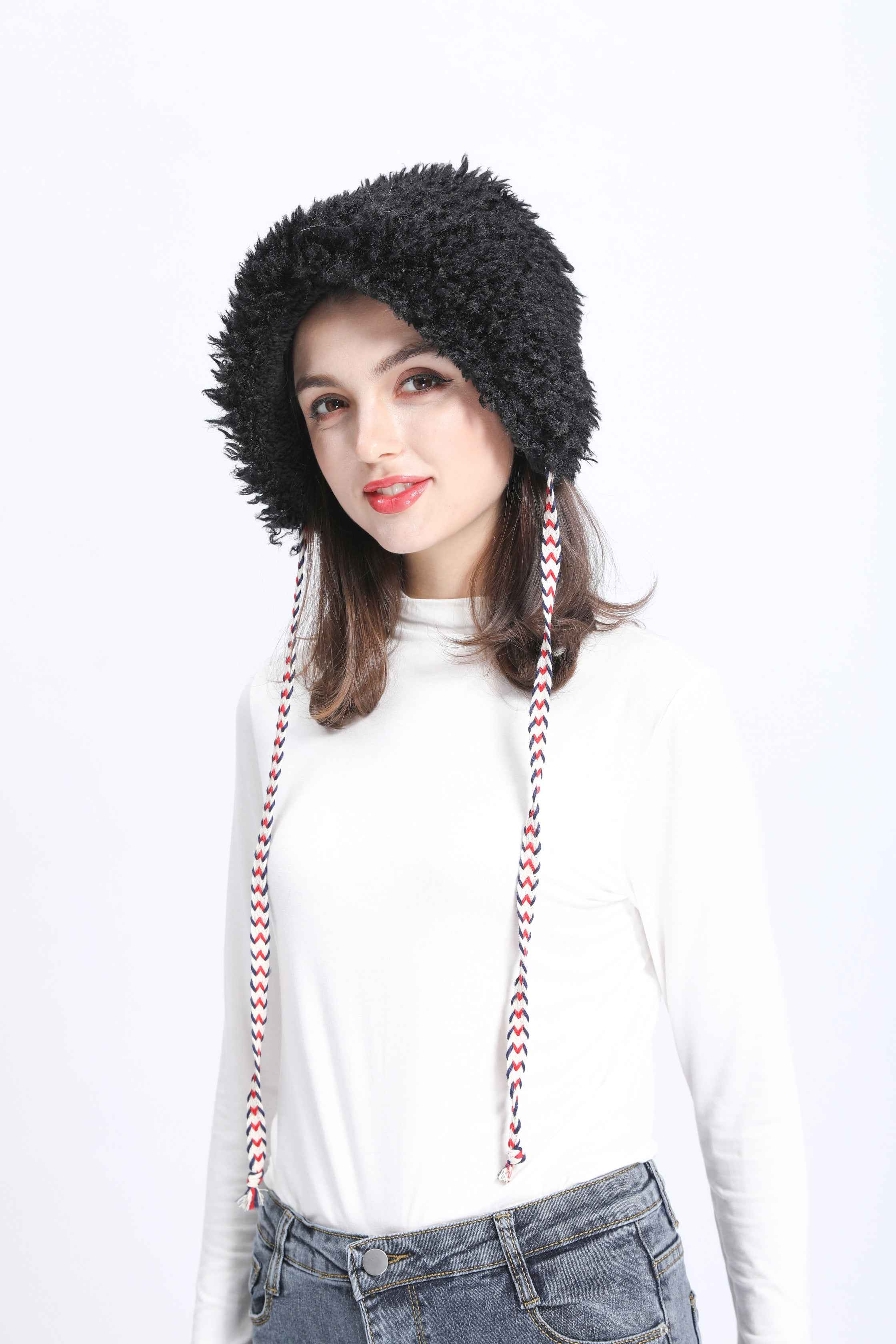 Hot Selling Janefur Women's Ear Protection Lace Up Eco-Friendly Faux Fur Hat #4 Black Adult