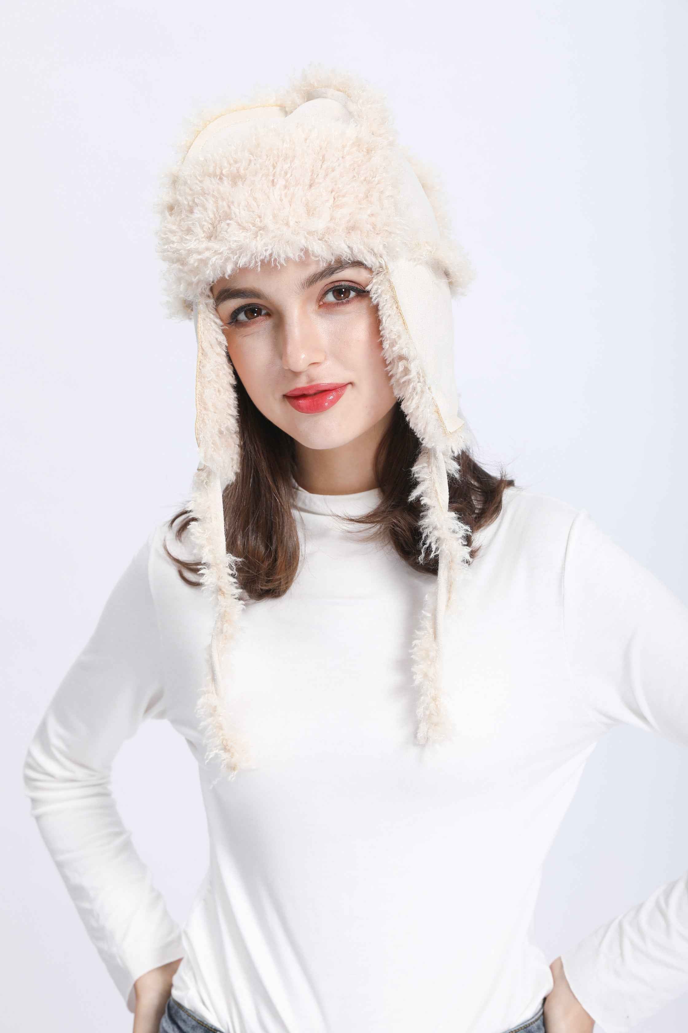 Ladies' Double Sided Sheep Curly Fake Fur Ushanka Faux Fur Hat #1 Beige Adult