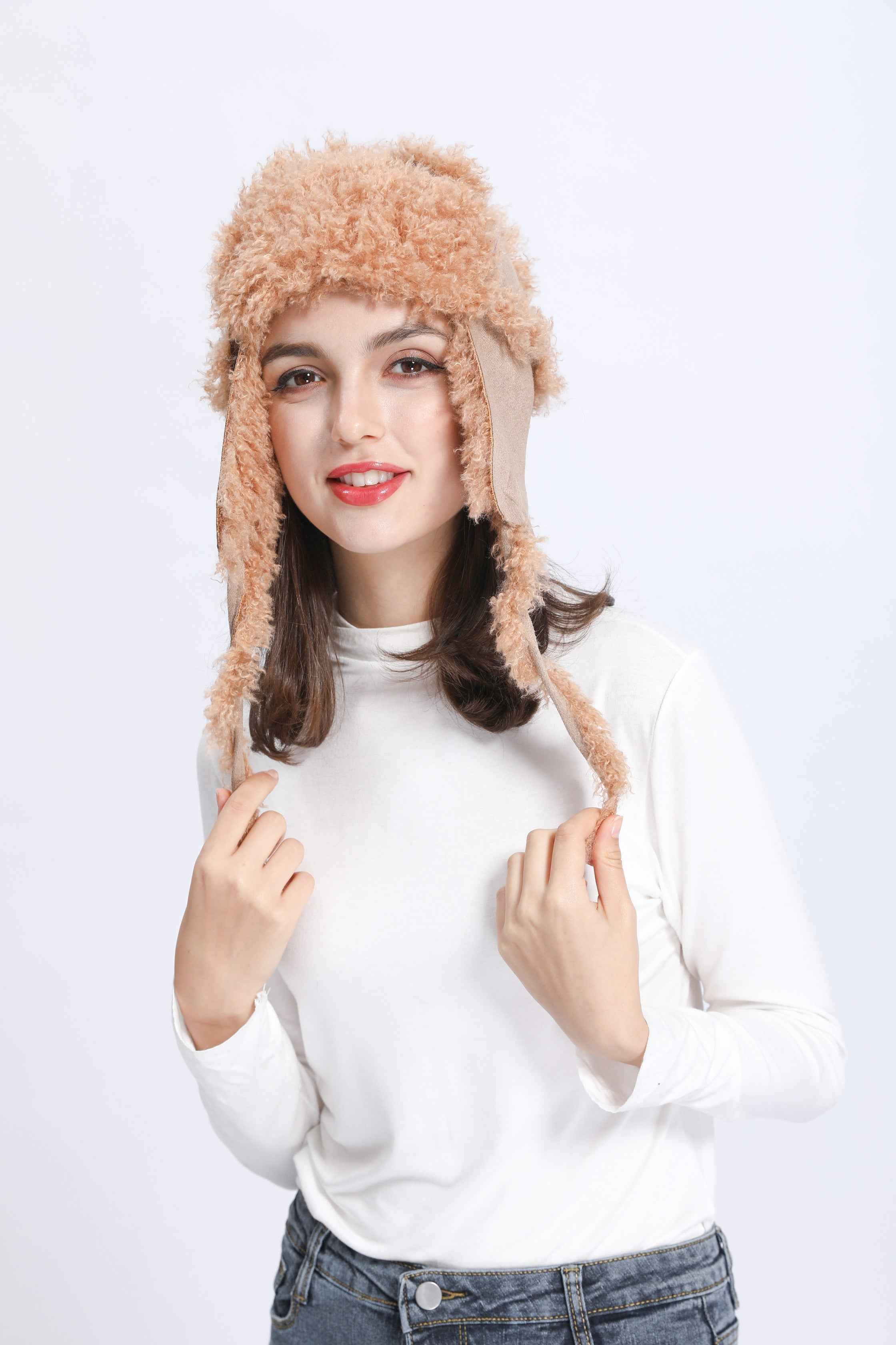 Ladies' Double Sided Sheep Curly Fake Fur Ushanka Faux Fur Hat #2 Camel Adult