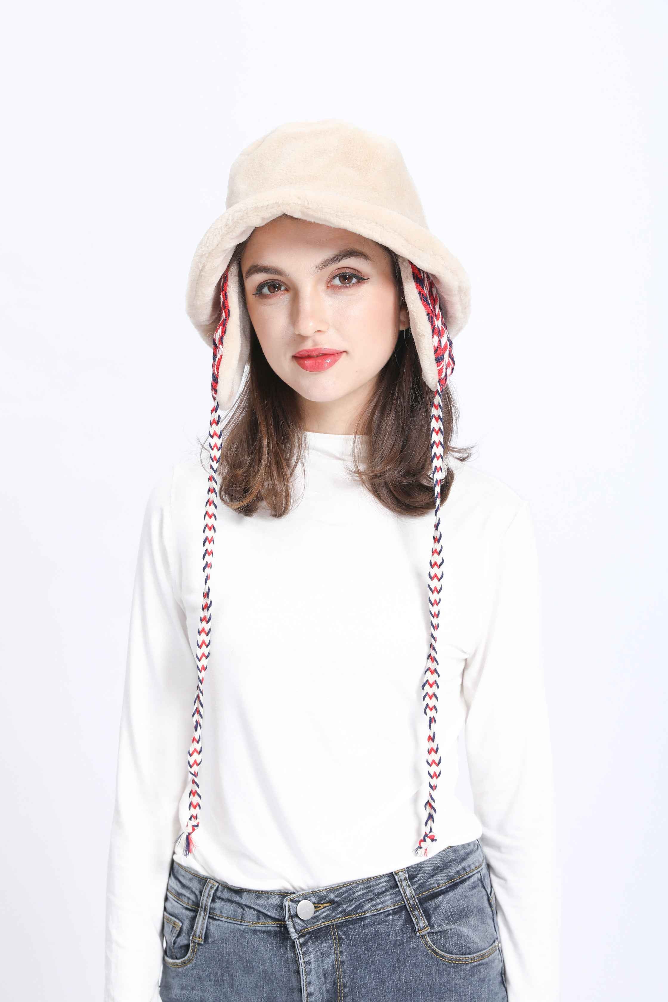 Janefur Women's Ear Protection Lace Up Faux Fur Fisherman Hat #1 Beige Adult