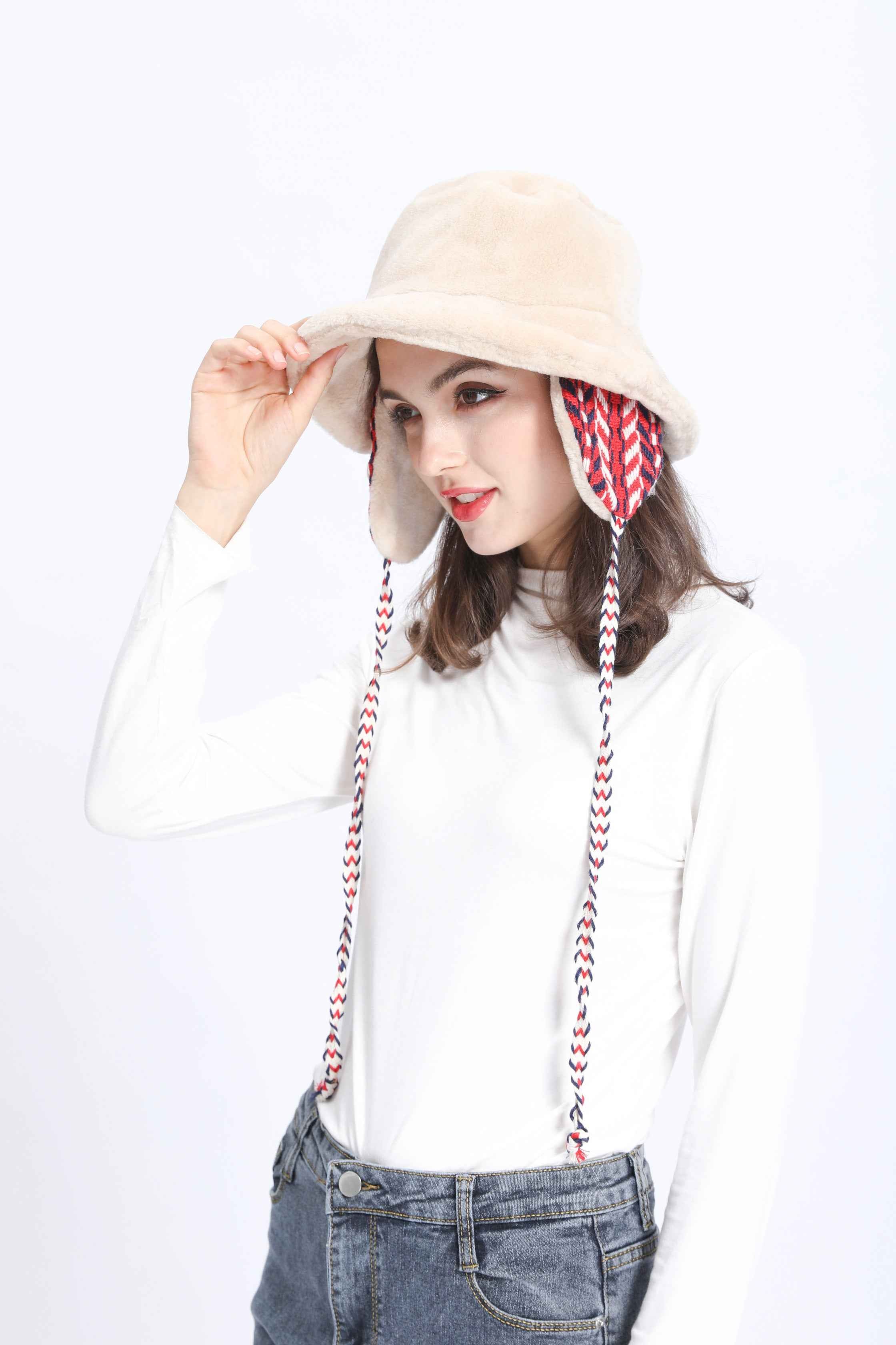 Janefur Women's Ear Protection Lace Up Faux Fur Fisherman Hat