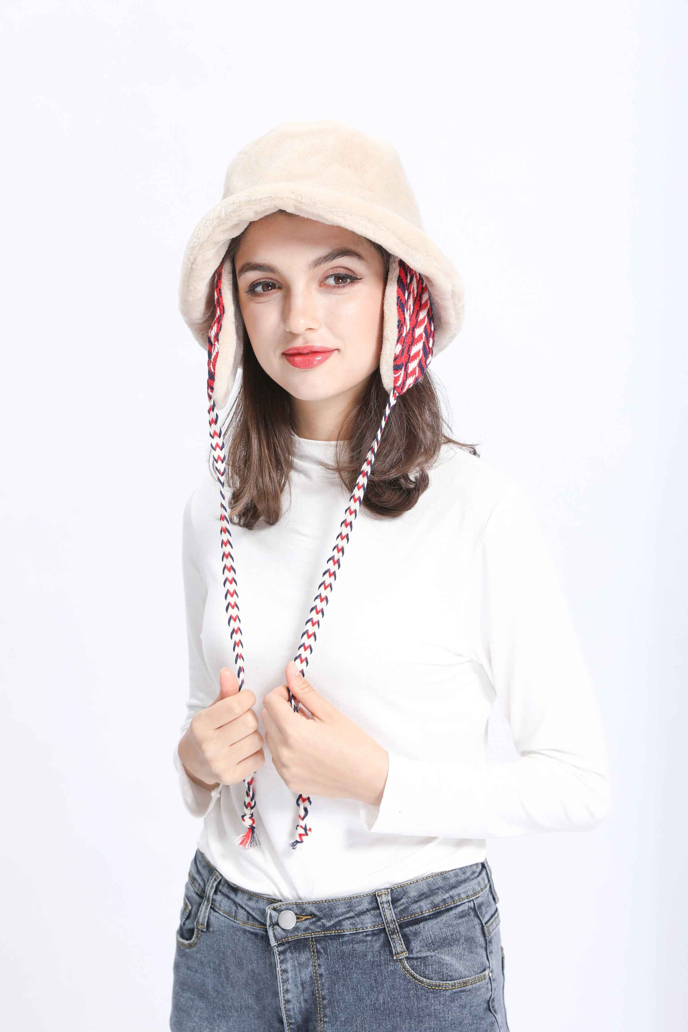 Janefur Women's Ear Protection Lace Up Faux Fur Fisherman Hat