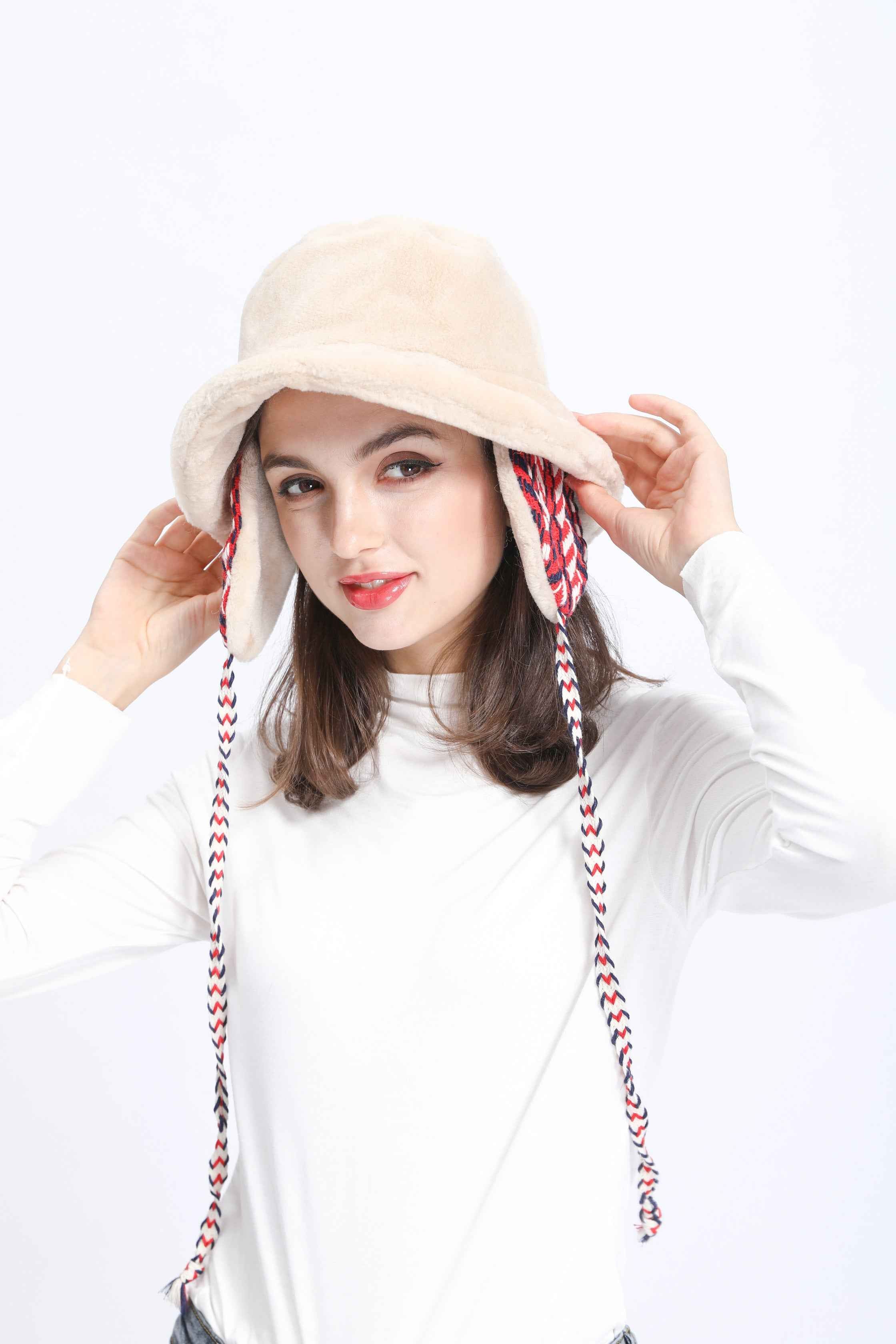 Janefur Women's Ear Protection Lace Up Faux Fur Fisherman Hat