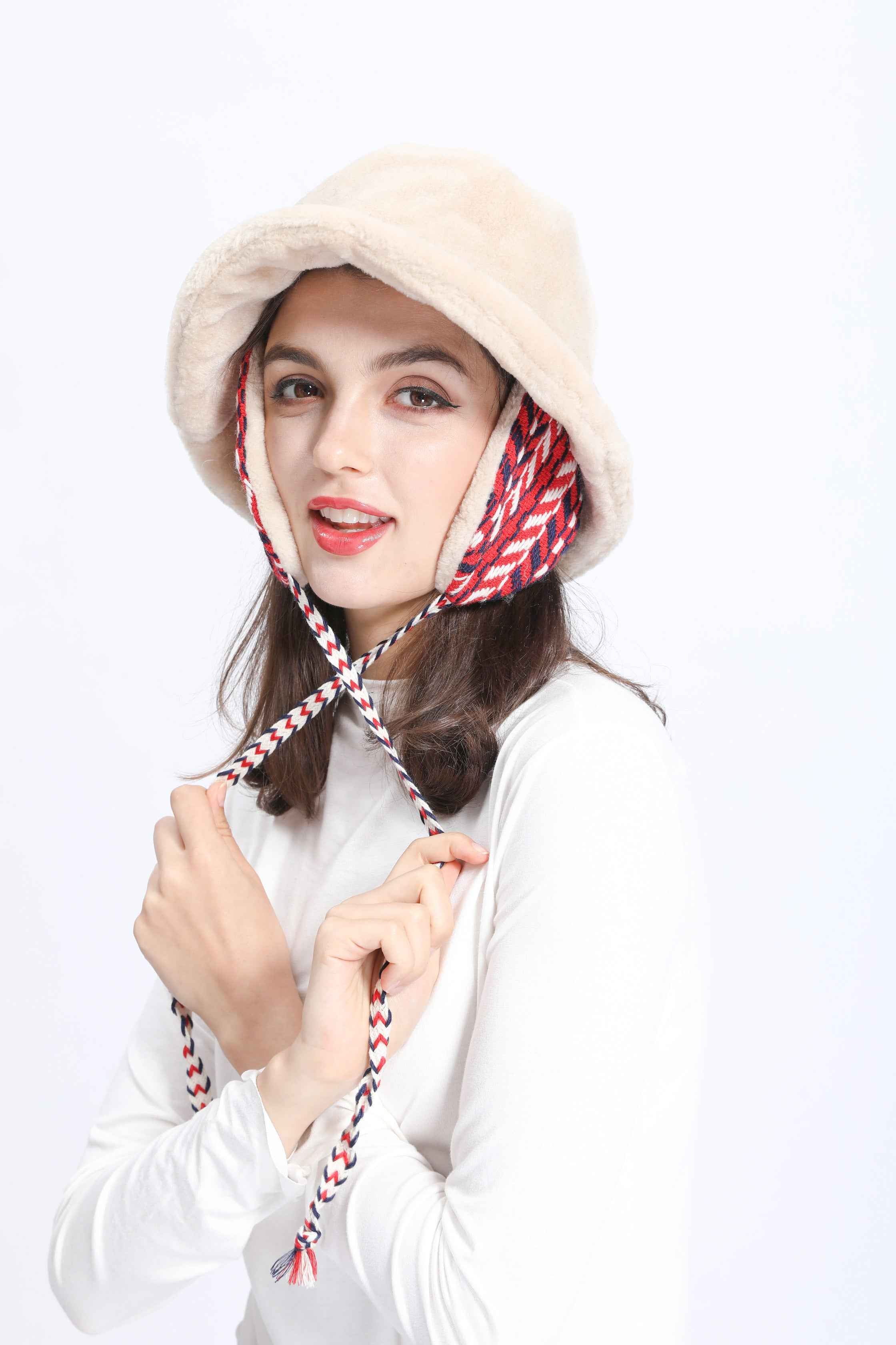 Janefur Women's Ear Protection Lace Up Faux Fur Fisherman Hat