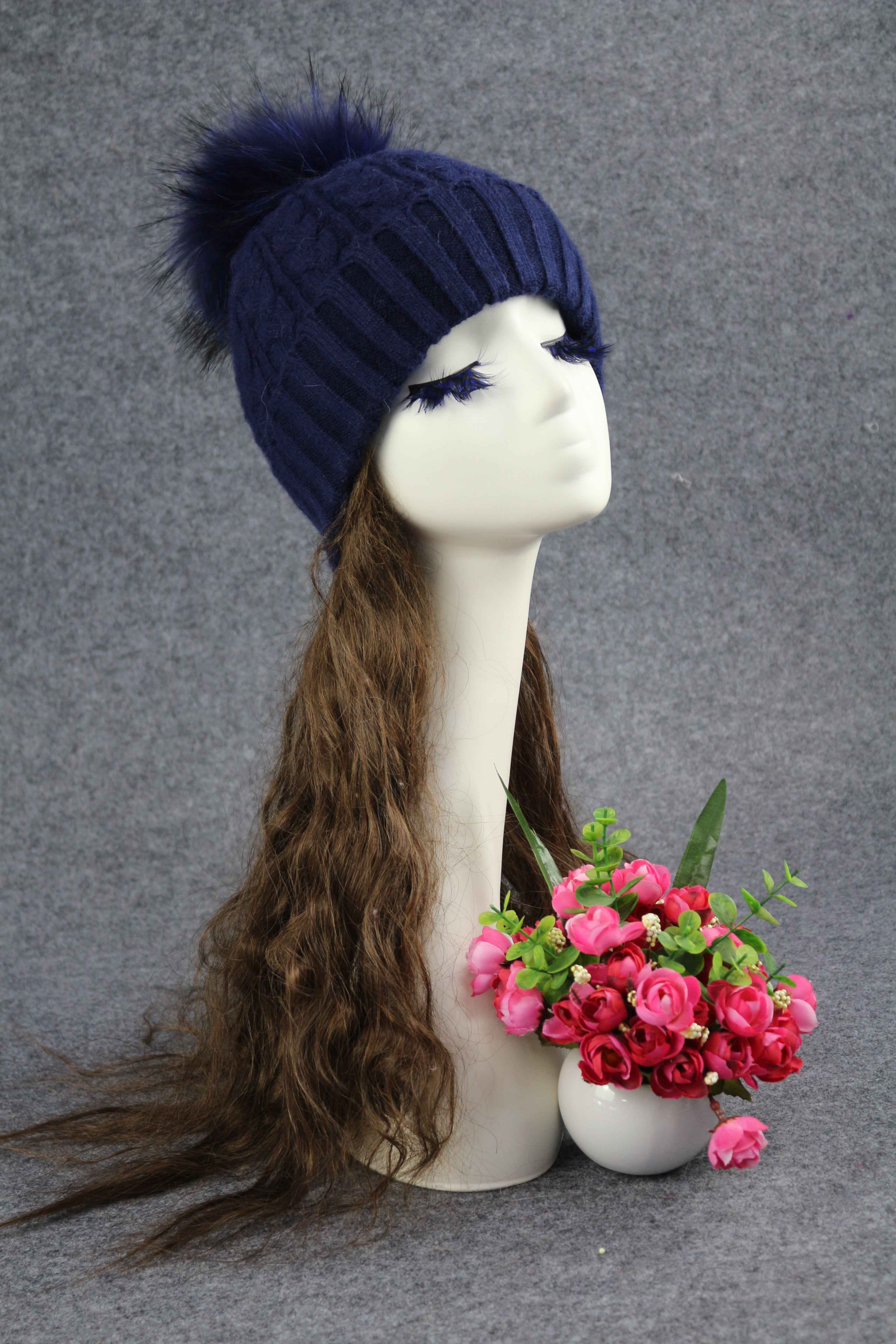 Janefur Retro Classic Ladies Real Raccoon Fur Pom Pom Big Fried Dough Twists Pattern Angora Knitted Hat #1 Dark Blue Adult