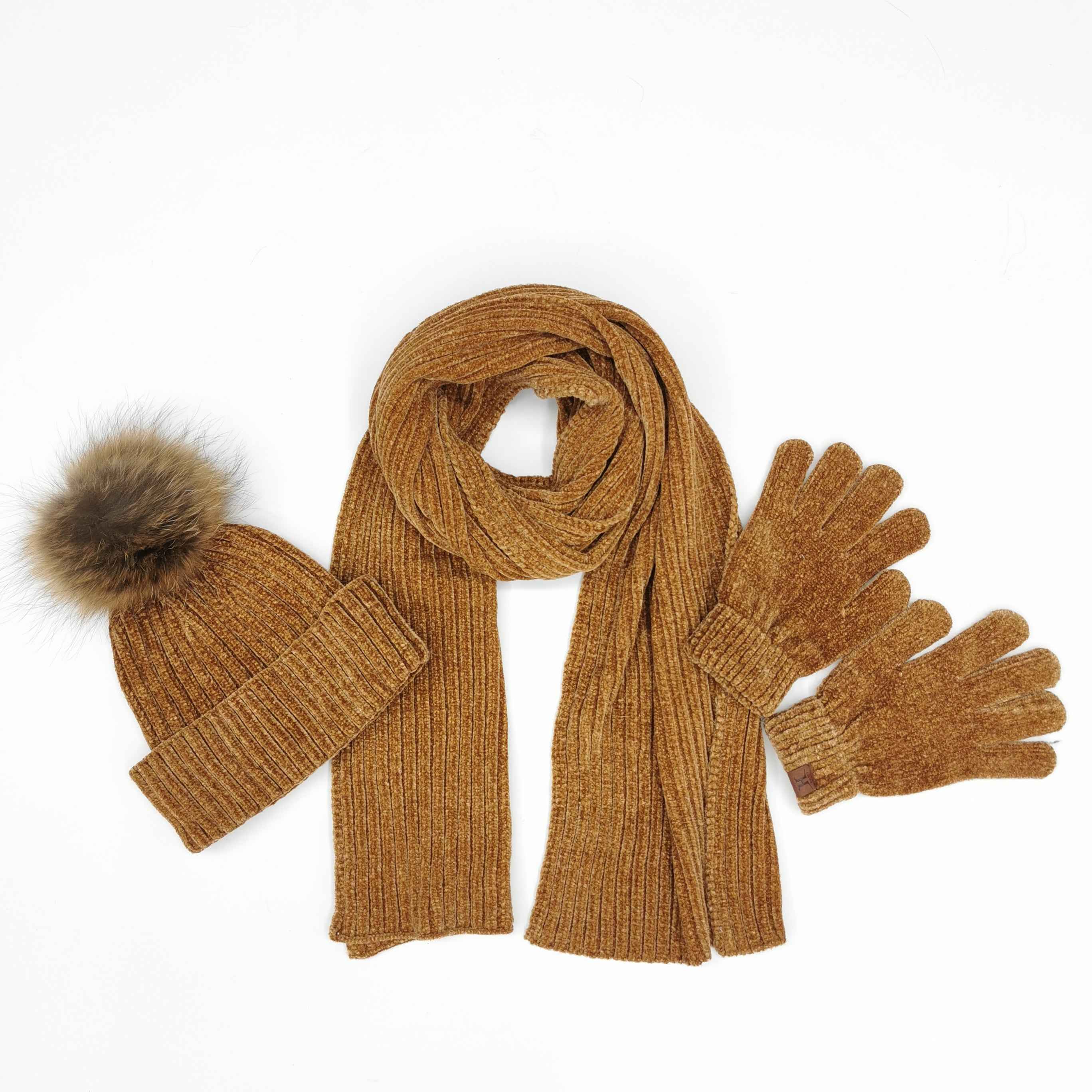 Janefur Ladies' Chenille Yarn Hat & Scarf & Gloves Three Piece Set #1 Camel Adult