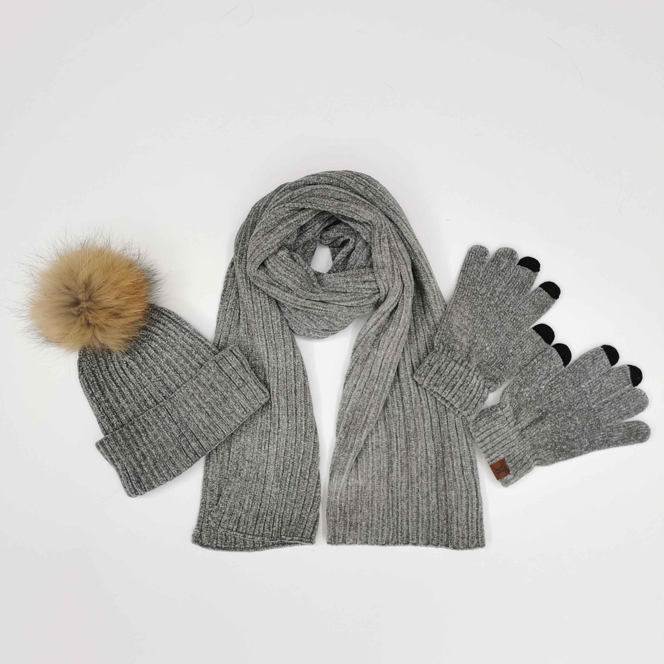 Janefur Ladies' Chenille Yarn Hat & Scarf & Gloves Three Piece Set #2 Light Gray Adult