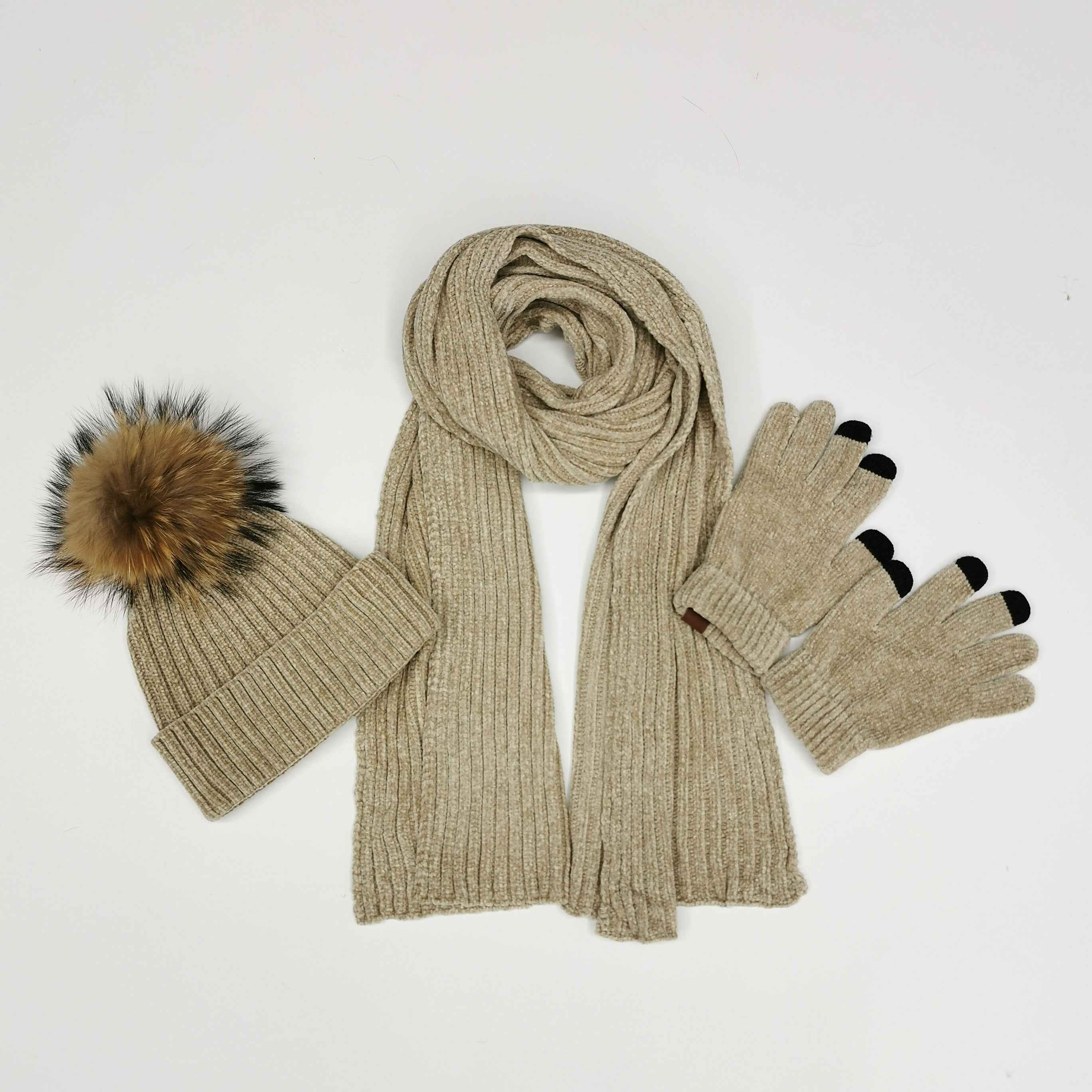 Janefur Ladies' Chenille Yarn Hat & Scarf & Gloves Three Piece Set #3 Beige Adult