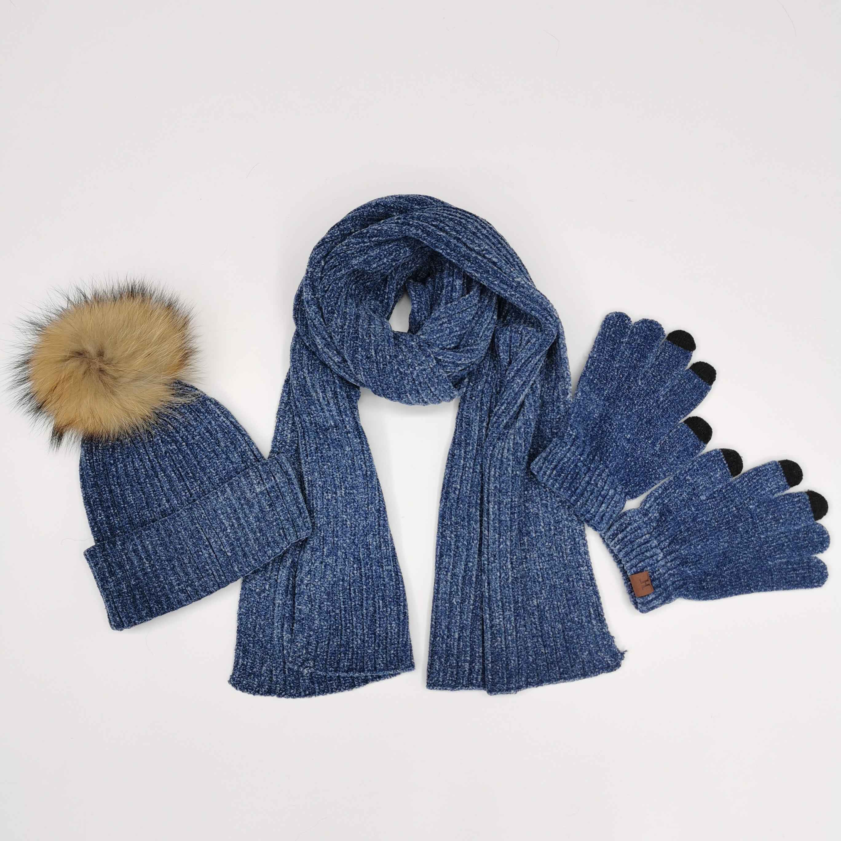 Janefur Ladies' Chenille Yarn Hat & Scarf & Gloves Three Piece Set #4 Dark Blue Adult