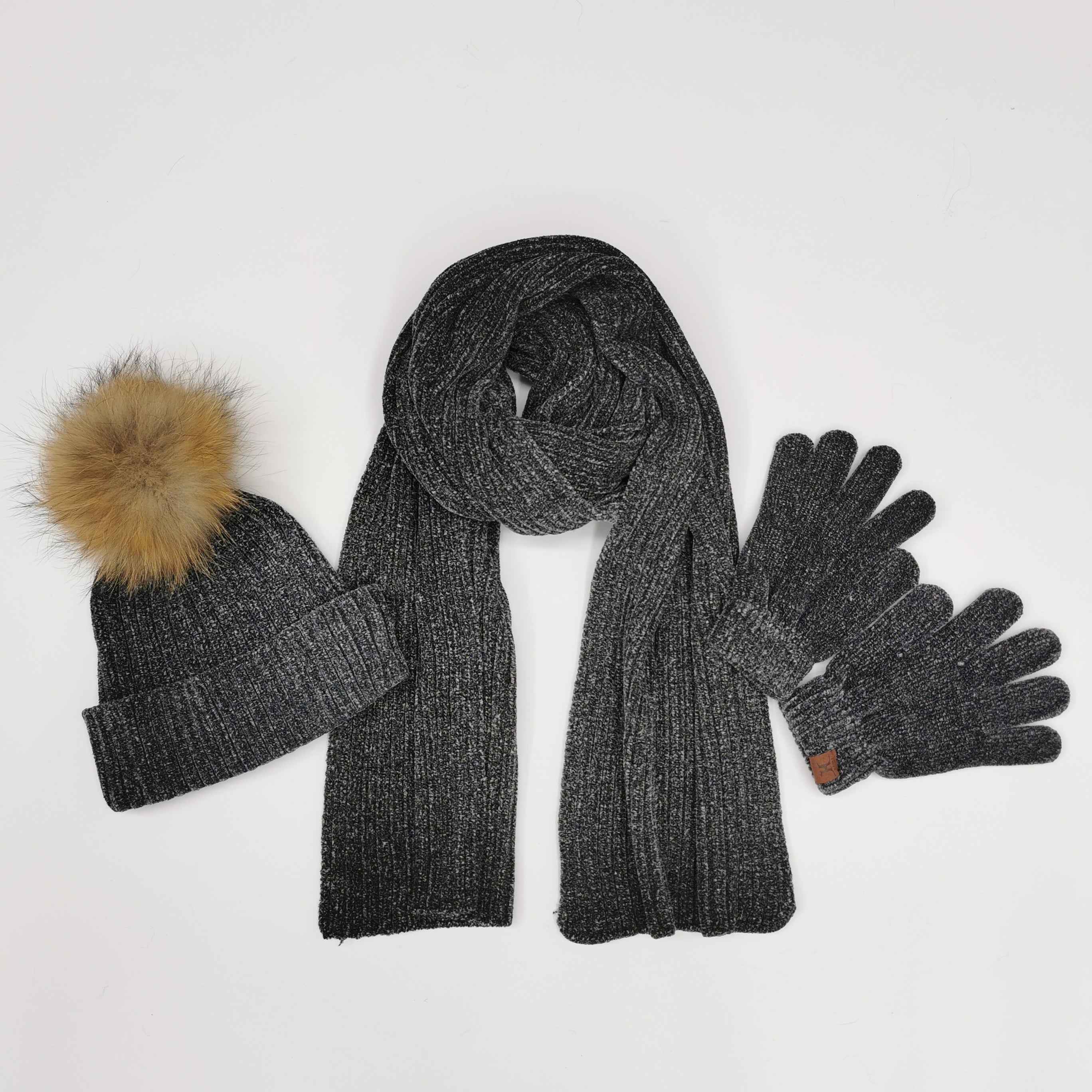 Janefur Ladies' Chenille Yarn Hat & Scarf & Gloves Three Piece Set #5 Dark Gray Adult
