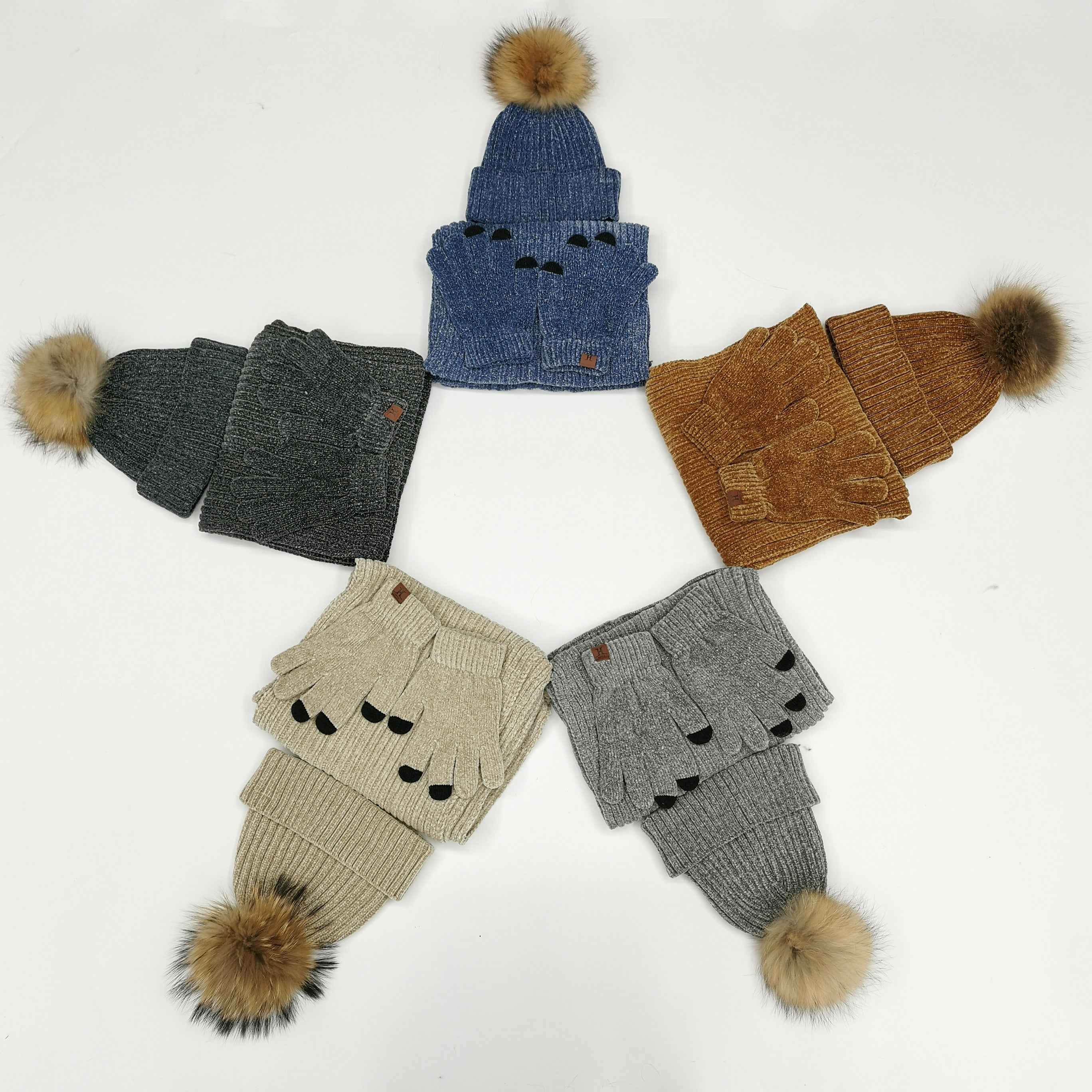 Janefur Ladies' Chenille Yarn Hat & Scarf & Gloves Three Piece Set