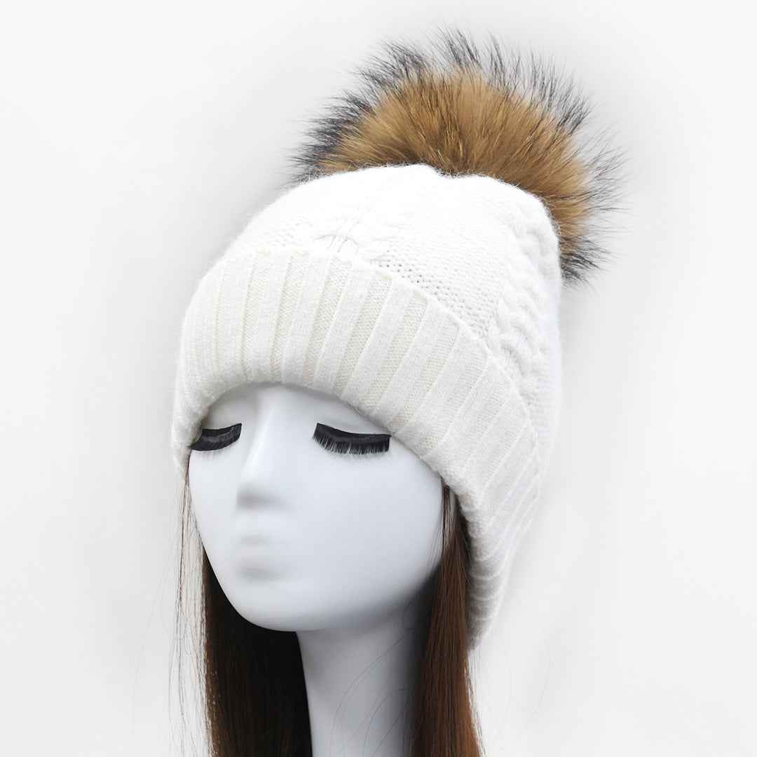 Women's Elegant Little Fried Dough Twists Pattern Angora Beanie Hat With Real Raccoon Fur Pom Pom #1 White Adult