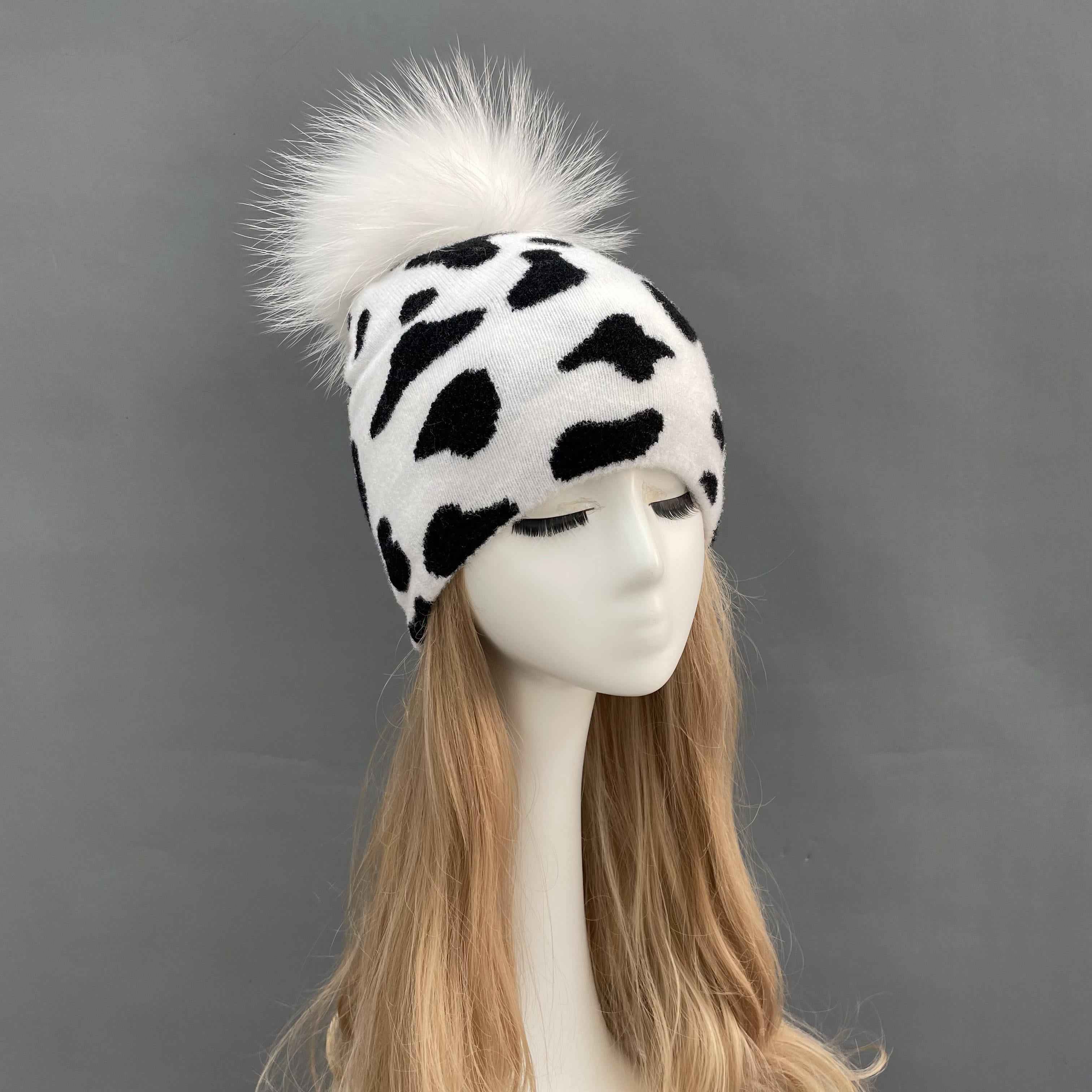Black & White Women's Versatile Acrylic Knitted Hat Without Flanging #5 Cow Adult