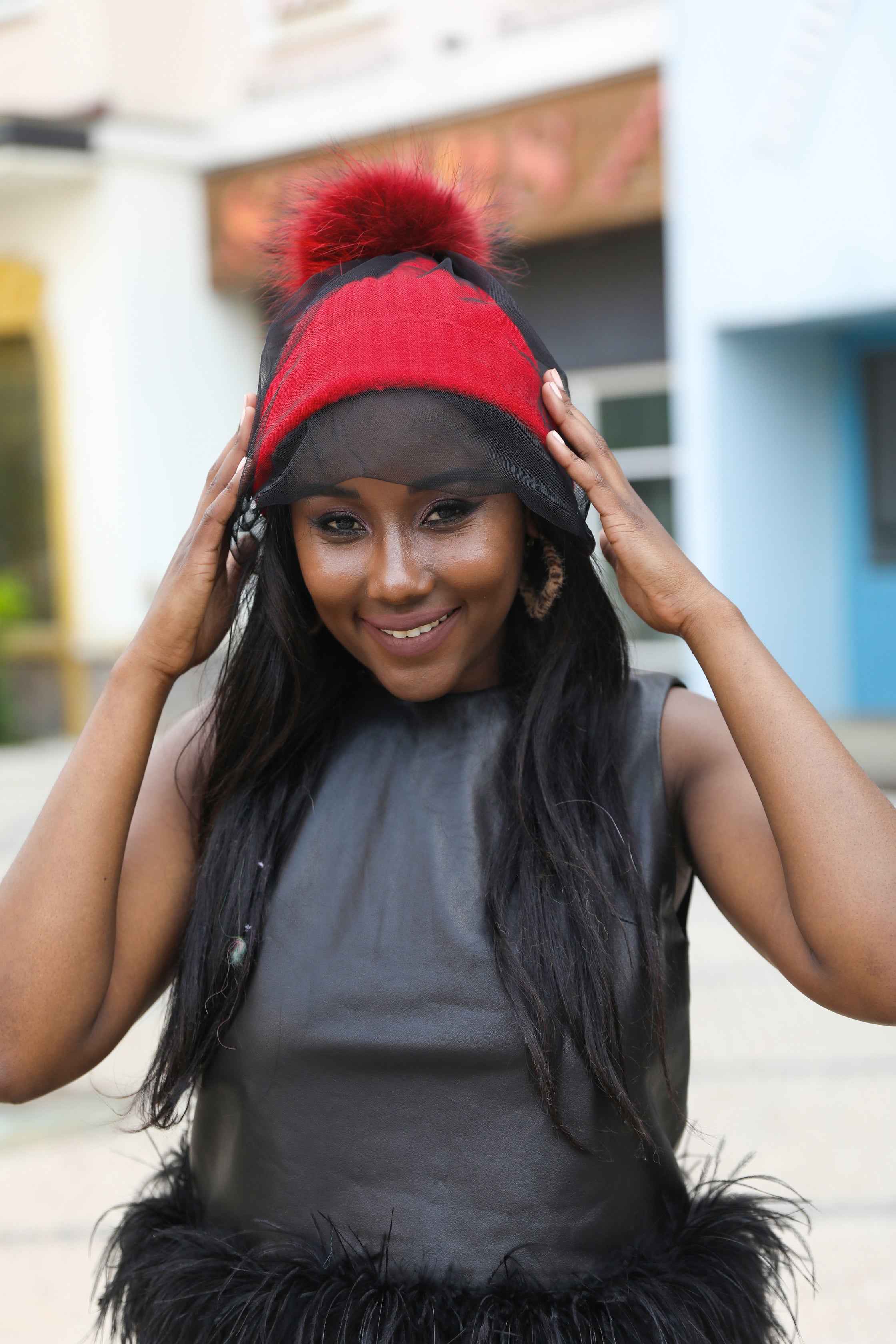 Women's Acrylic Knitted Hat With Mesh & Real Raccoon Fur Pom Pom #2 Red Adult