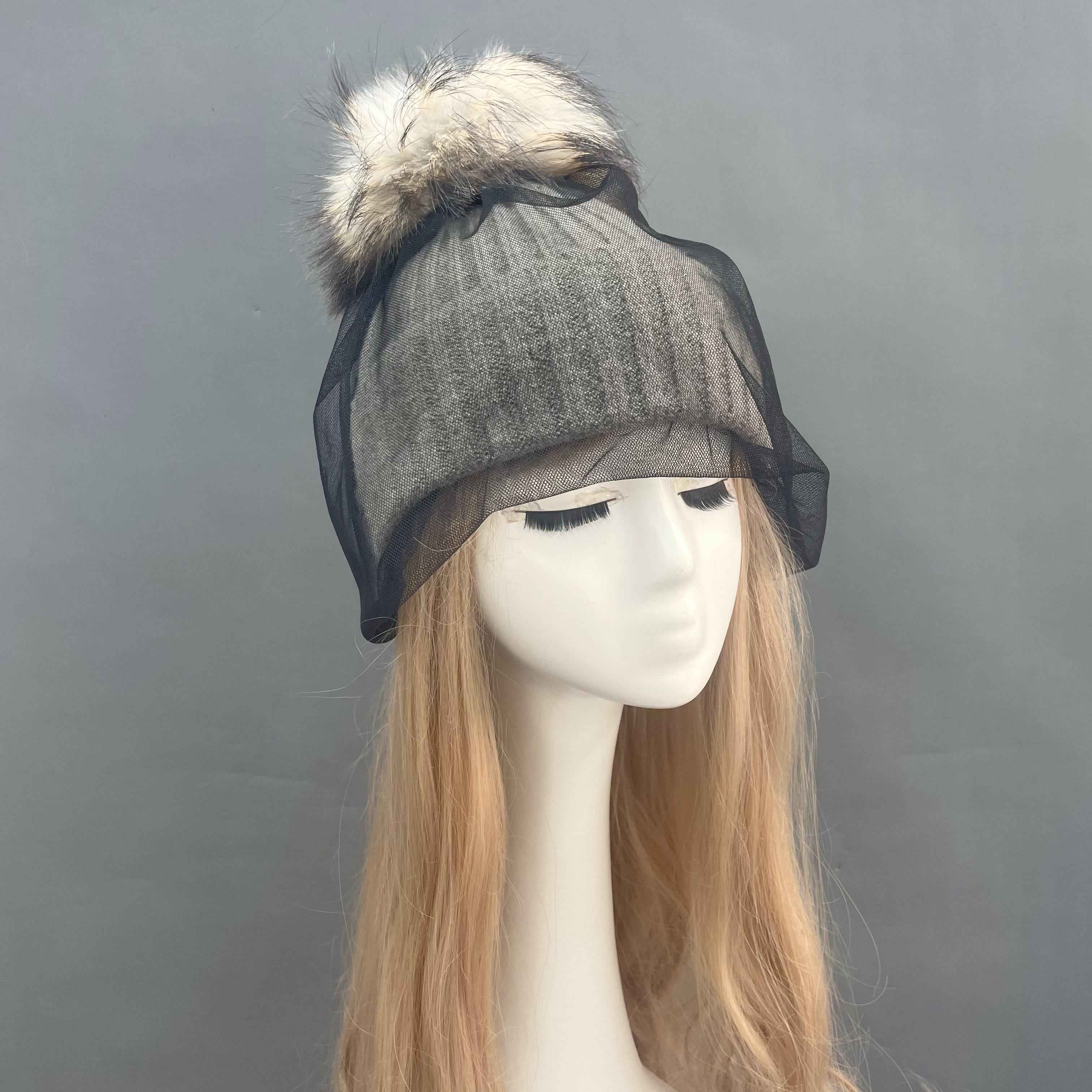 Women's Acrylic Knitted Hat With Mesh & Real Raccoon Fur Pom Pom #3 Light Gray Adult