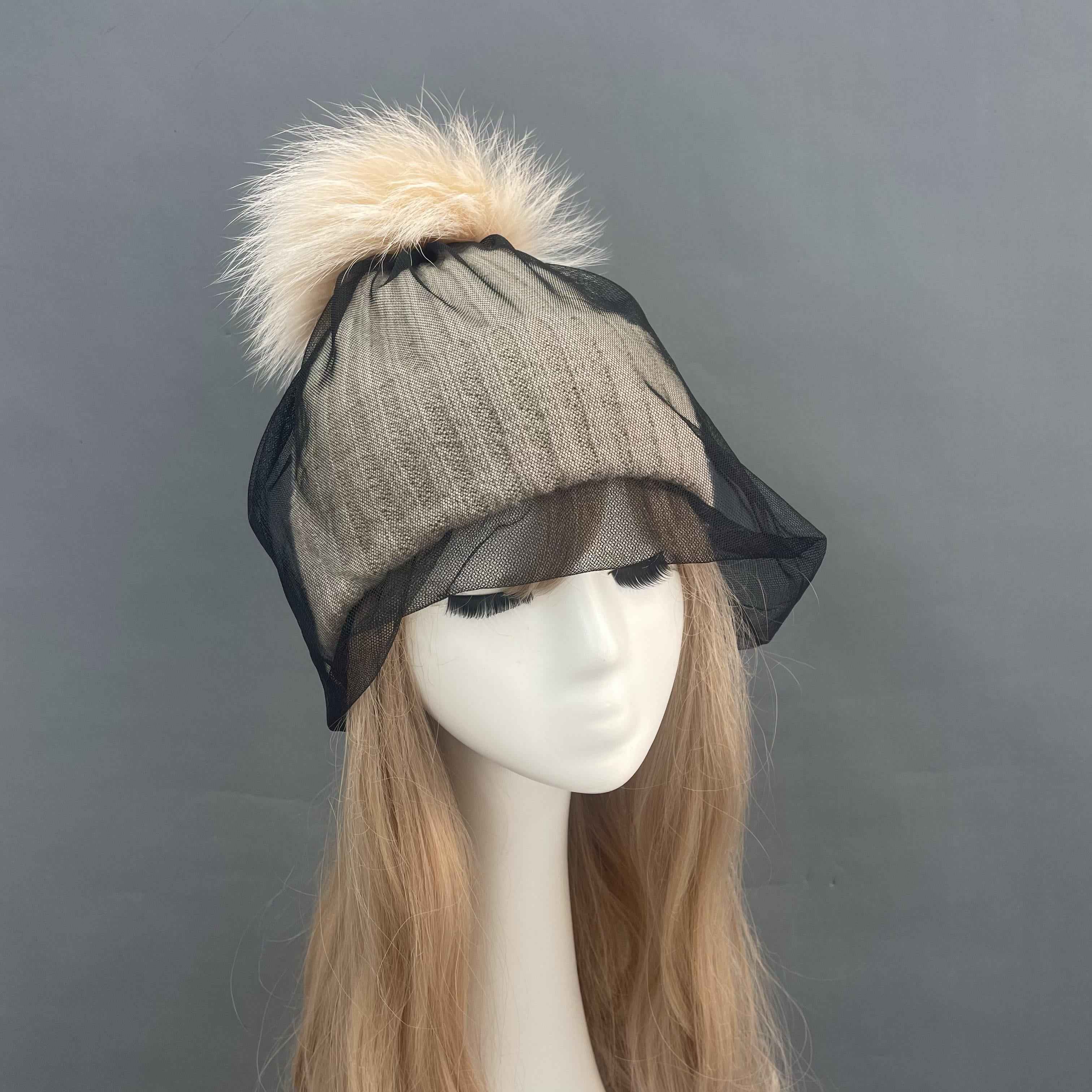 Women's Acrylic Knitted Hat With Mesh & Real Raccoon Fur Pom Pom #4 Beige Adult