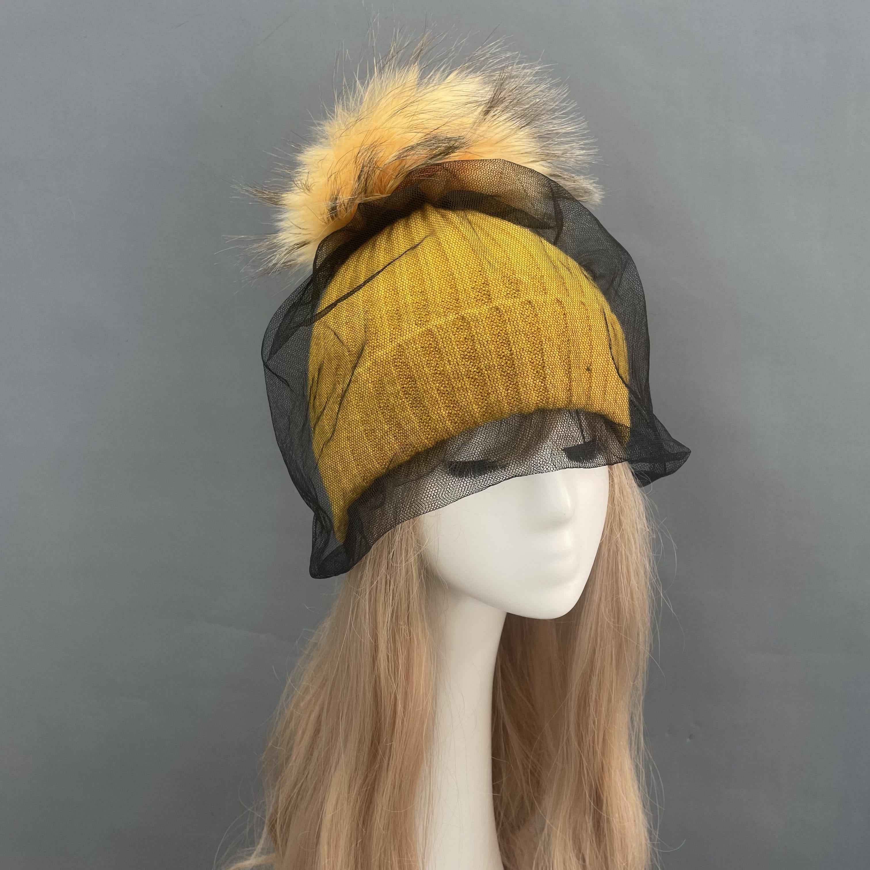 Women's Acrylic Knitted Hat With Mesh & Real Raccoon Fur Pom Pom #5 Yellow Adult