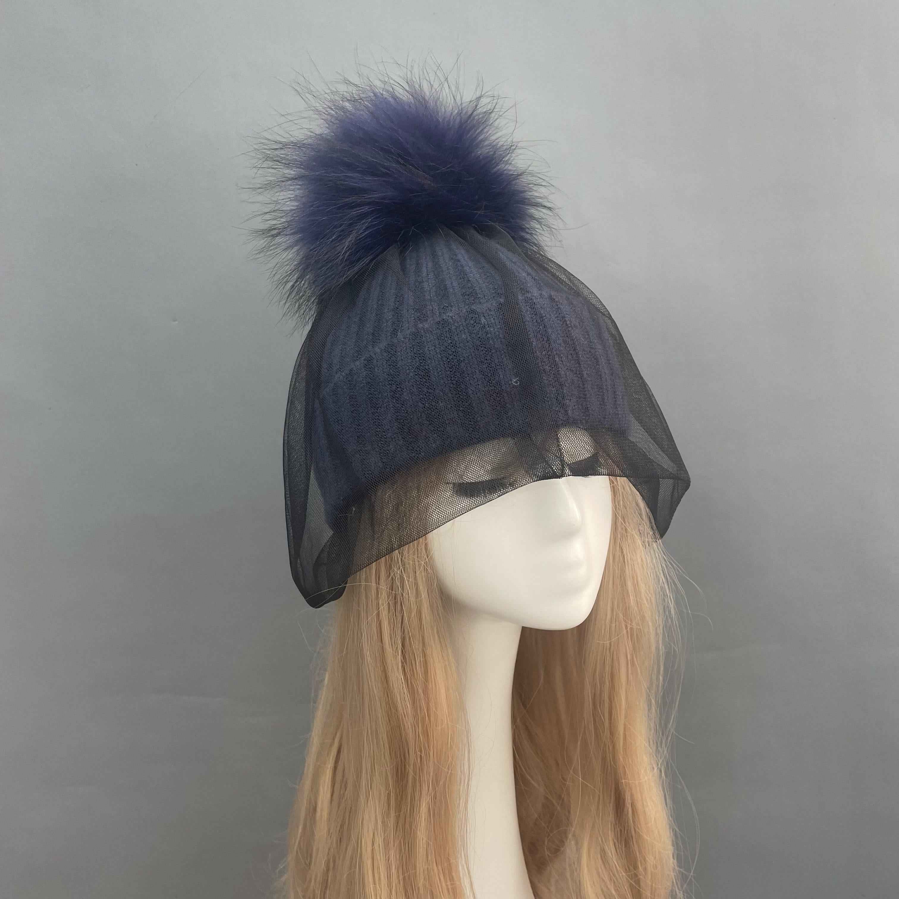 Women's Acrylic Knitted Hat With Mesh & Real Raccoon Fur Pom Pom #6 Dark Blue Adult