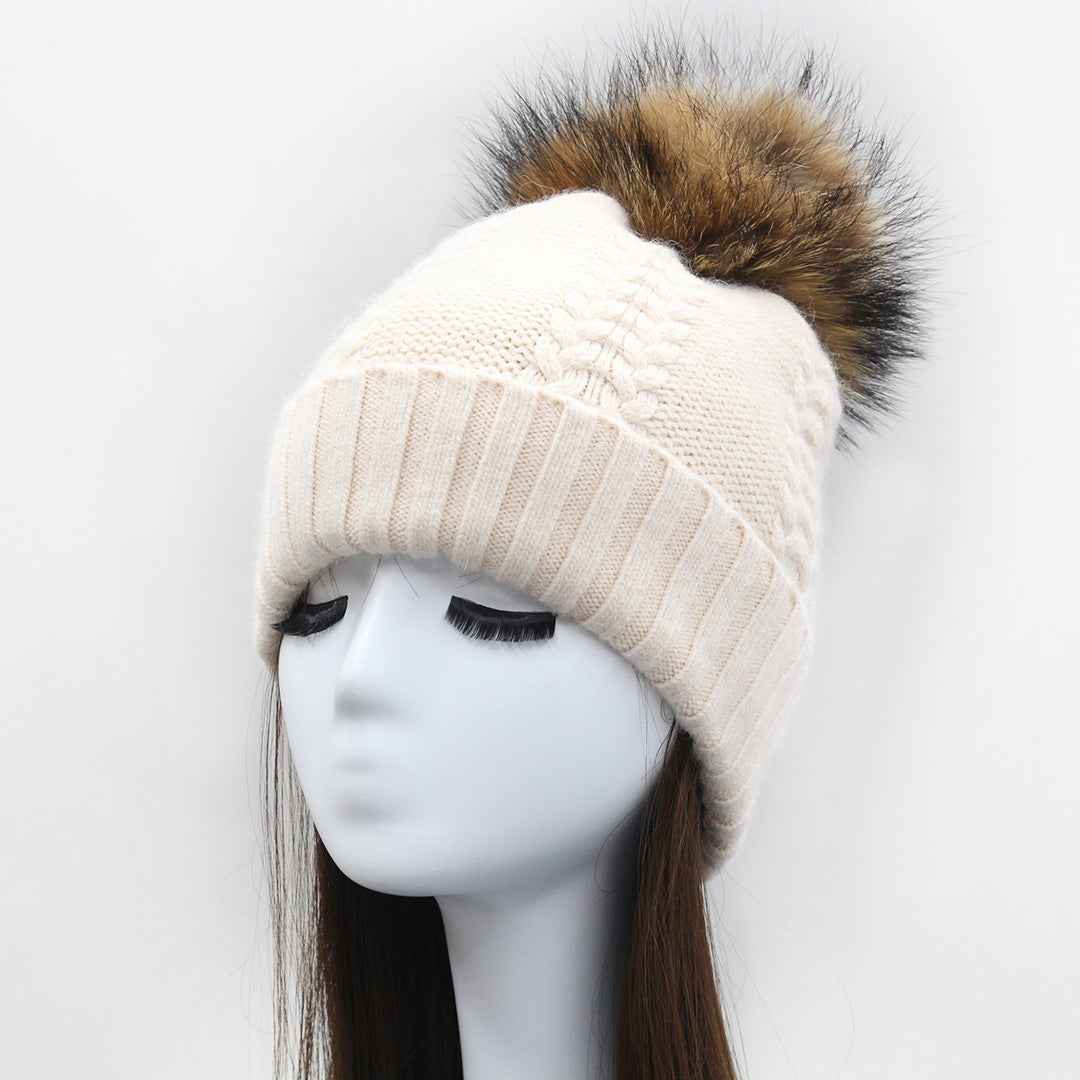 Women's Elegant Little Fried Dough Twists Pattern Angora Beanie Hat With Real Raccoon Fur Pom Pom #2 Beige Adult