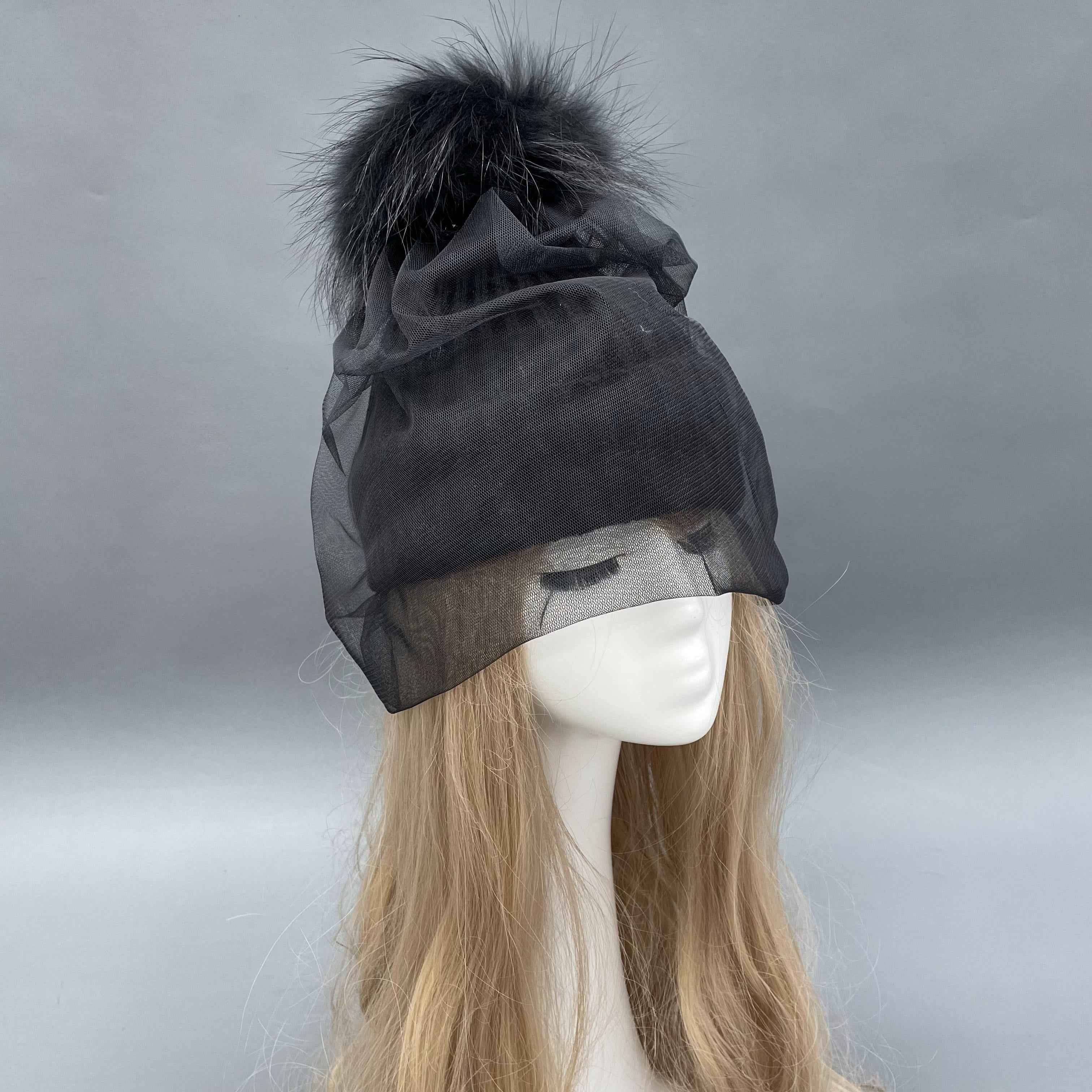 Women's Acrylic Knitted Hat With Mesh & Real Raccoon Fur Pom Pom #7 Black Adult