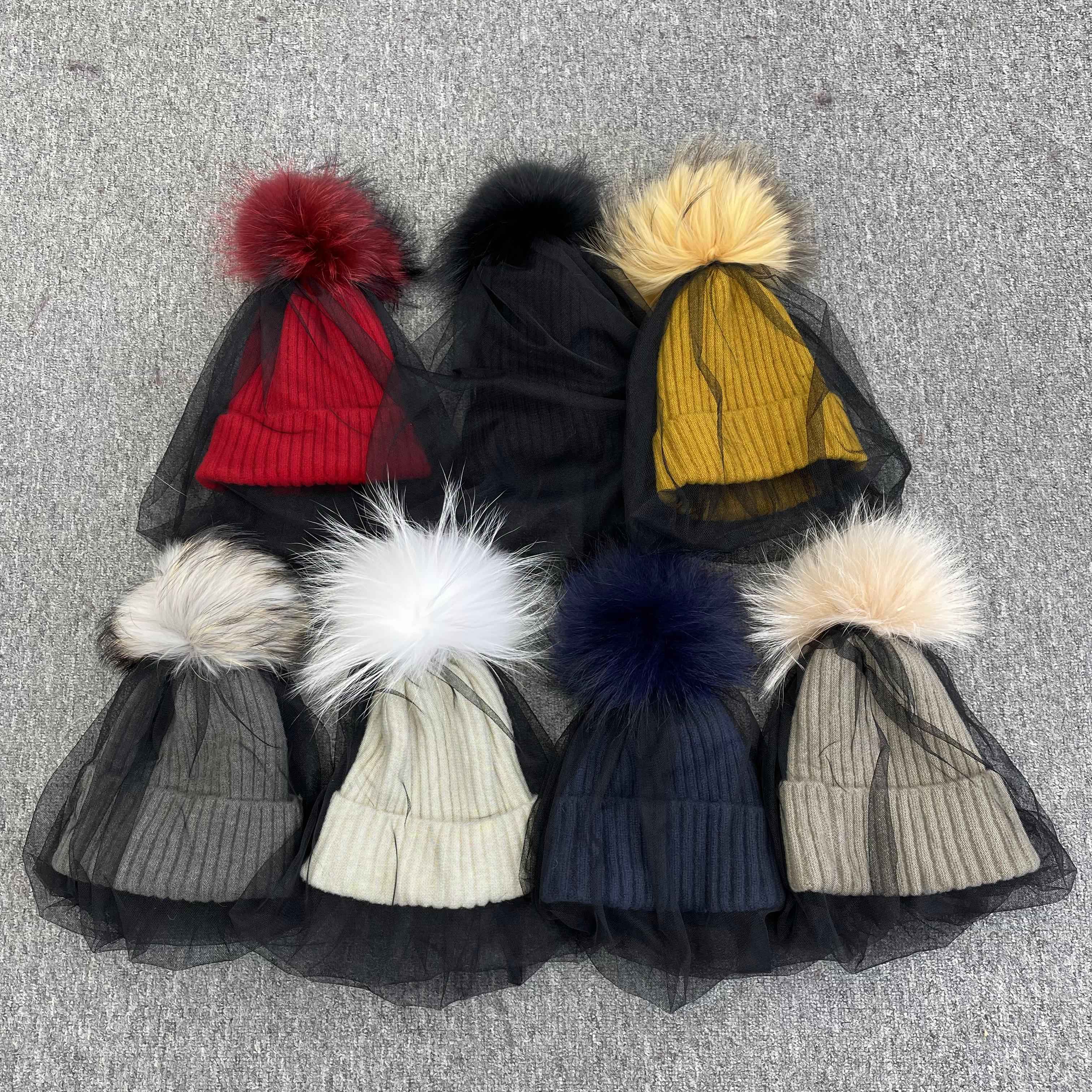 Women's Acrylic Knitted Hat With Mesh & Real Raccoon Fur Pom Pom