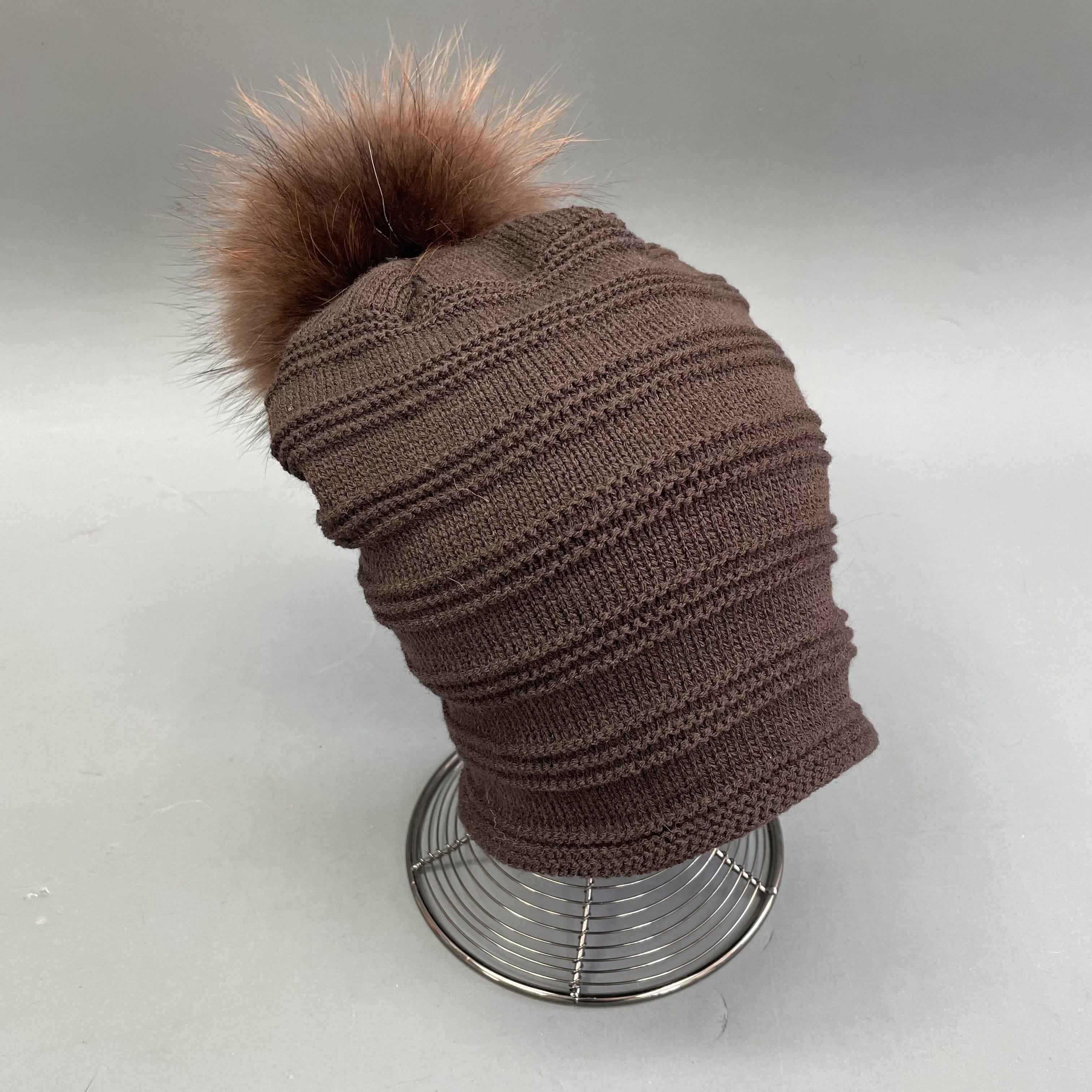 Janefur Men's Daily Versatile Thick Acrylic Knitted Hat With Real Raccoon Fur Pom Pom #1 Brown Adult