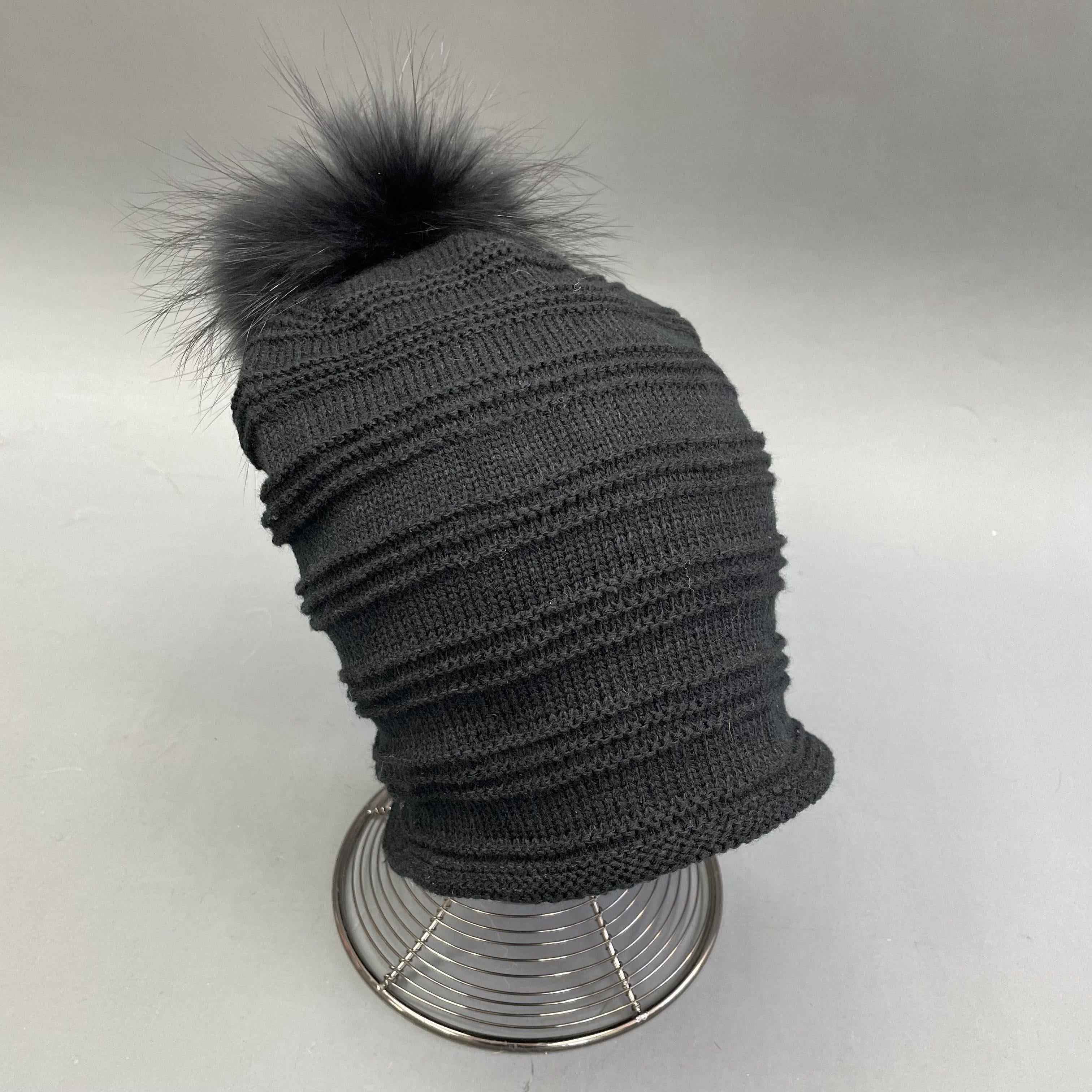 Janefur Men's Daily Versatile Thick Acrylic Knitted Hat With Real Raccoon Fur Pom Pom #2 Black Adult
