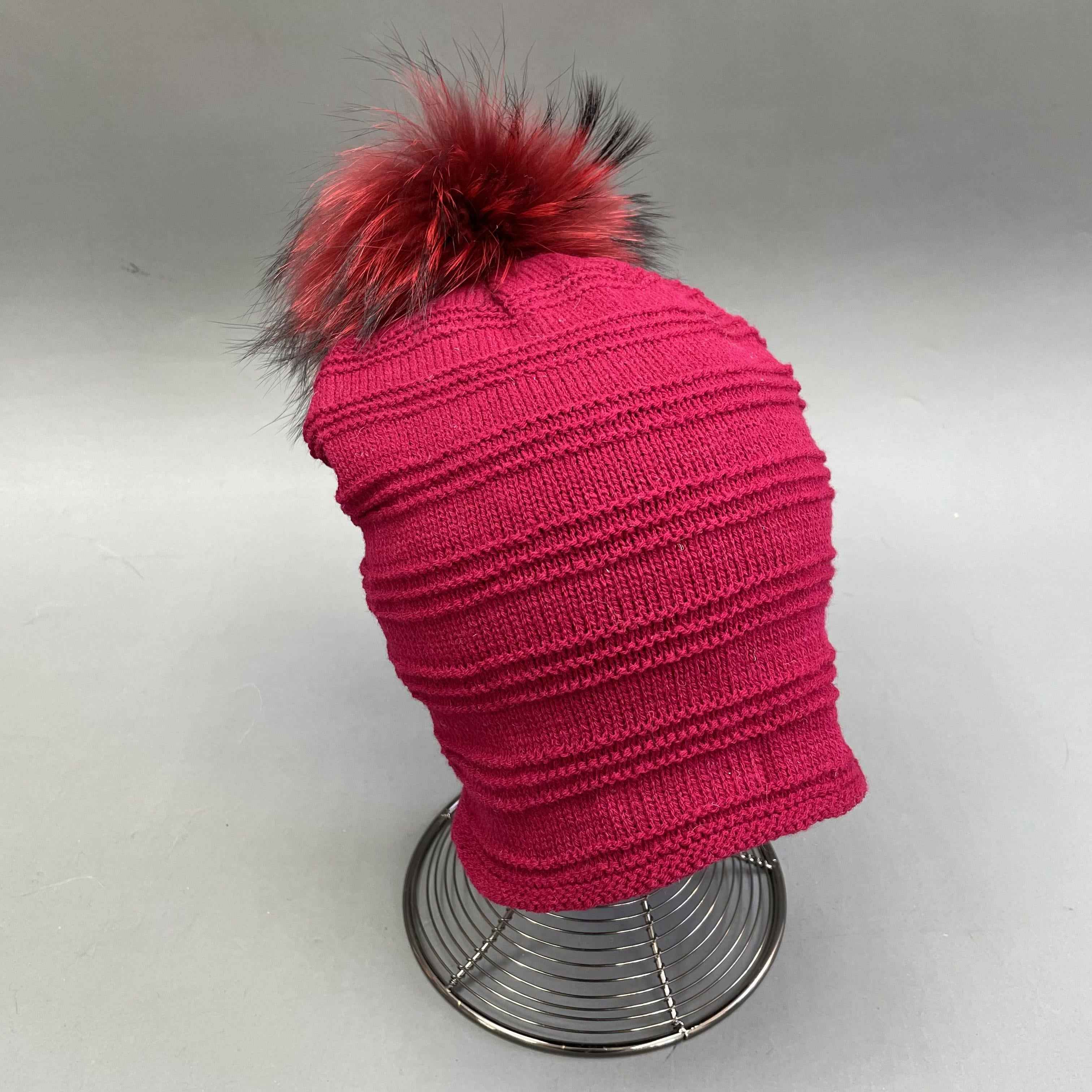 Janefur Men's Daily Versatile Thick Acrylic Knitted Hat With Real Raccoon Fur Pom Pom #3 Plum Adult