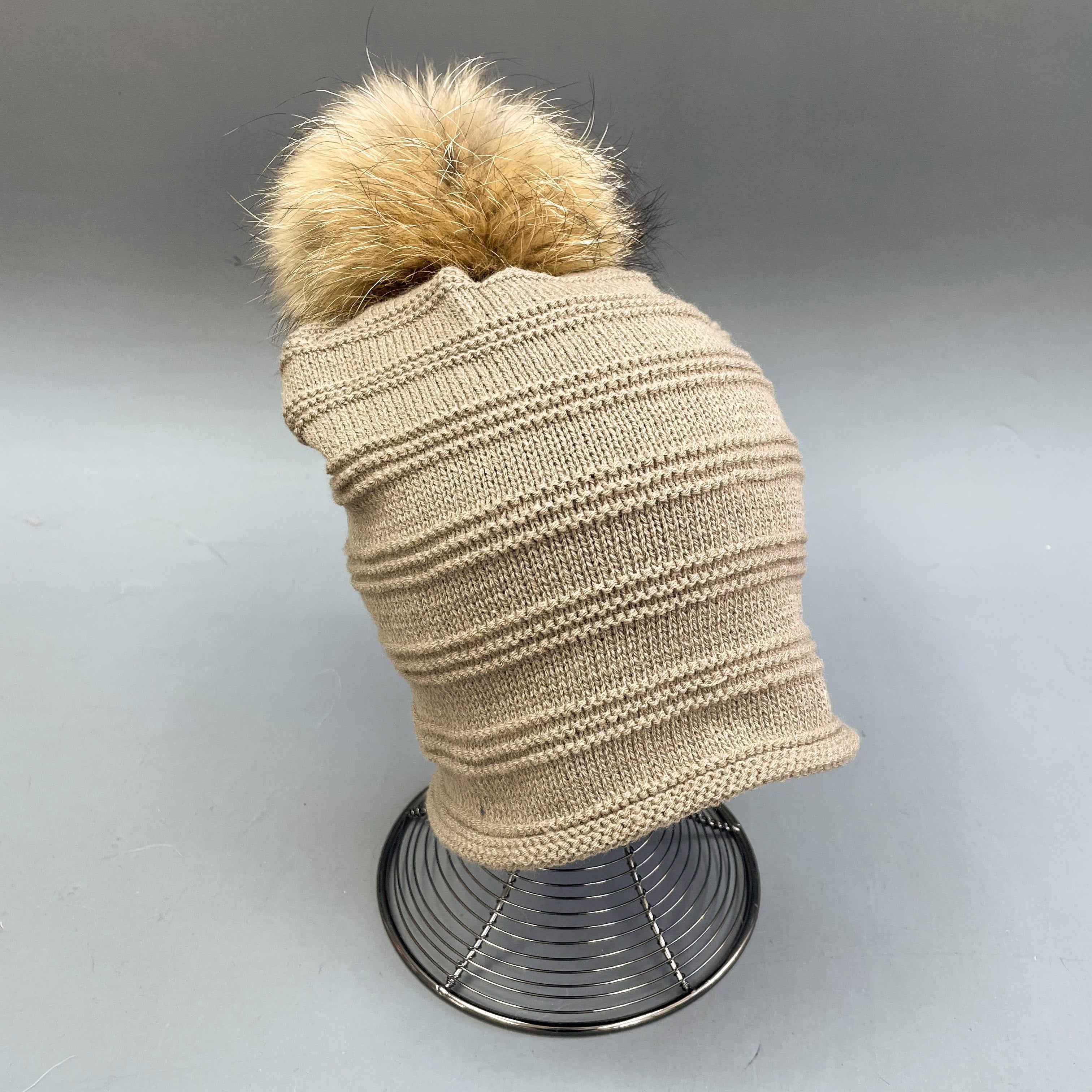 Janefur Men's Daily Versatile Thick Acrylic Knitted Hat With Real Raccoon Fur Pom Pom #5 Light Khaki Adult