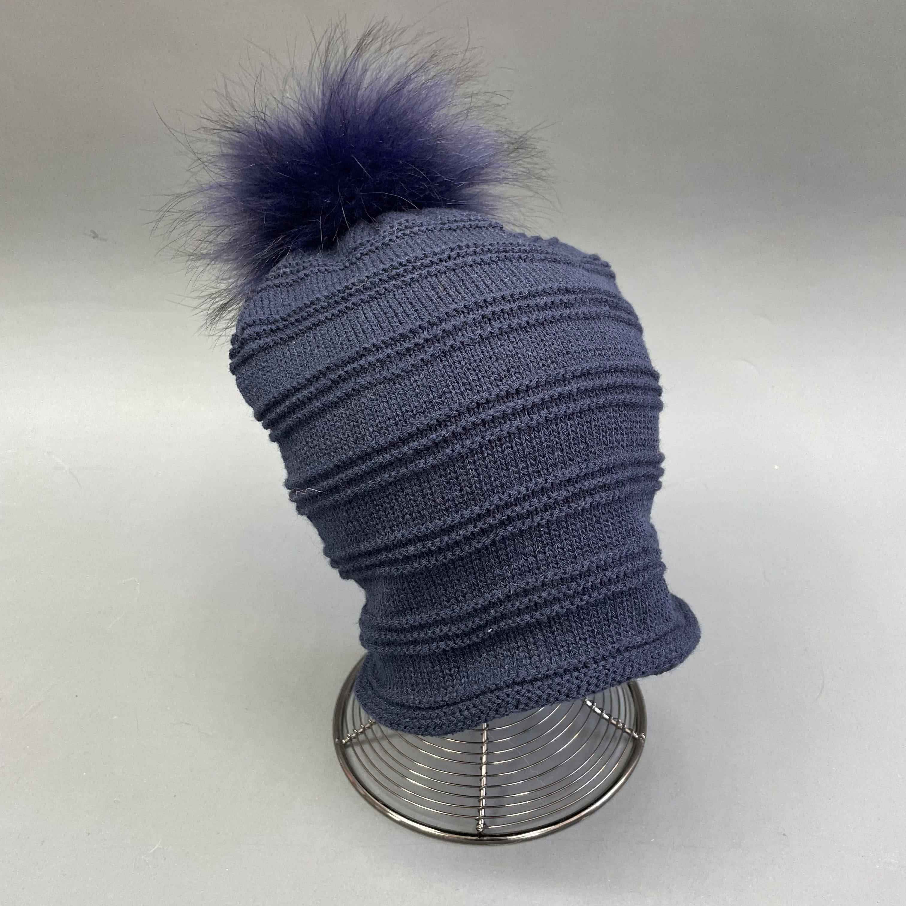 Janefur Men's Daily Versatile Thick Acrylic Knitted Hat With Real Raccoon Fur Pom Pom #6 Dark Blue Adult